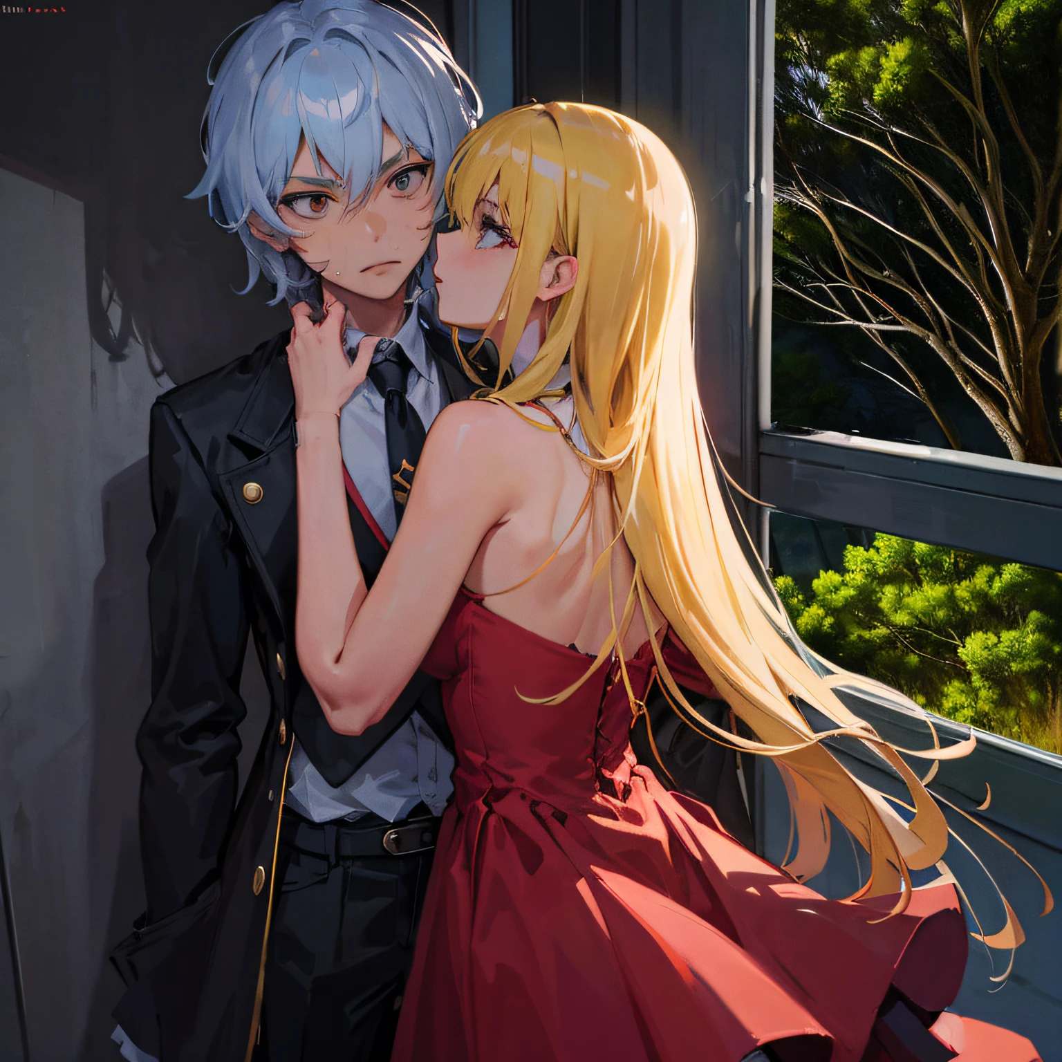 anime couple in red dress kissing in front of window, kissing together cutely, rimuru and milim, painted in anime painter studio, zerochan art, 2d art, 2 d art, high quality fanart, trending on artstation pixiv, anime style 4 k, made with anime painter studio, loli in dress, key anime art, official fanart