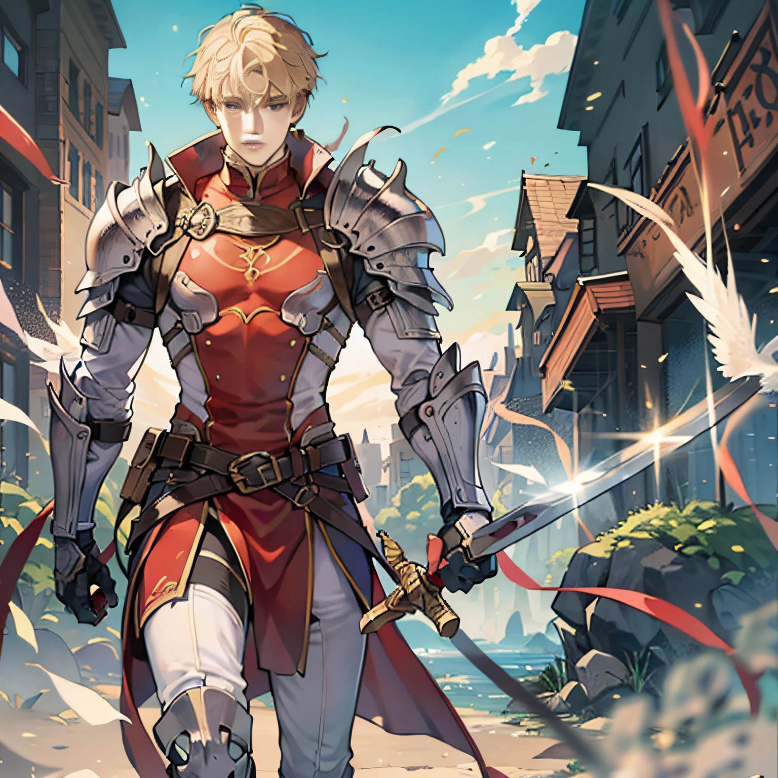 Fantasy knight, 25-year-old male, muscular, beautiful face, short-cropped blonde, no background, holding a sword, red clothes, no armor, journey, full body