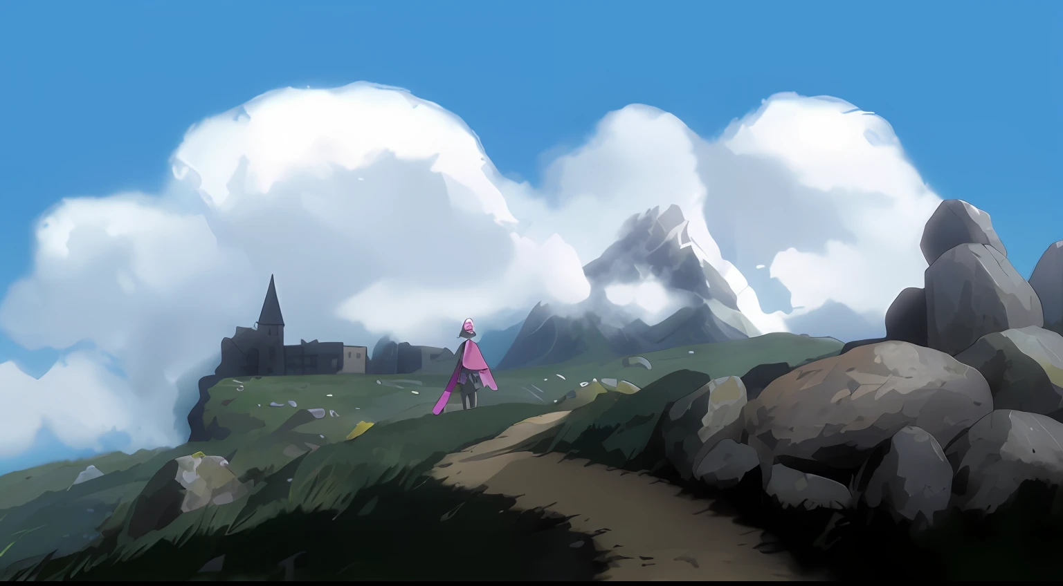 A Gothic maiden with a pink sword on her back walks on the path, with some mountains towering in the background, a gentle breeze blowing across the plain, a castle looming in the distance, and some stone monsters sitting quietly on the plain