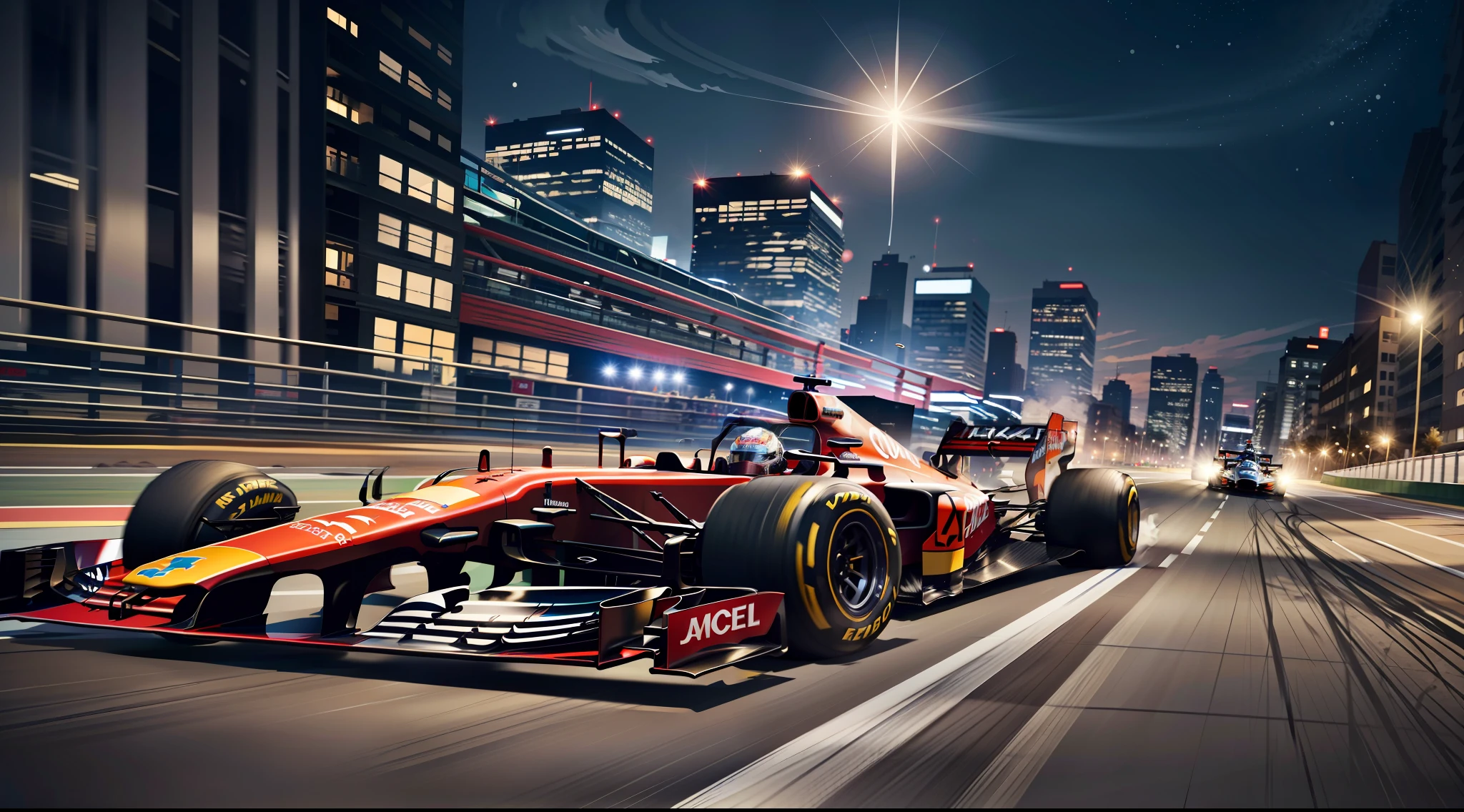 arafed red race car driving on a city street at night, best on adobe stock, formula one car, f1 cars blurred in background, motor sport photography, promotional render, by Jakob Gauermann, vfx powers at night in the city, f 1, motorsports photography, 2 0 2 1 formula 1 audi car, by Thomas Häfner