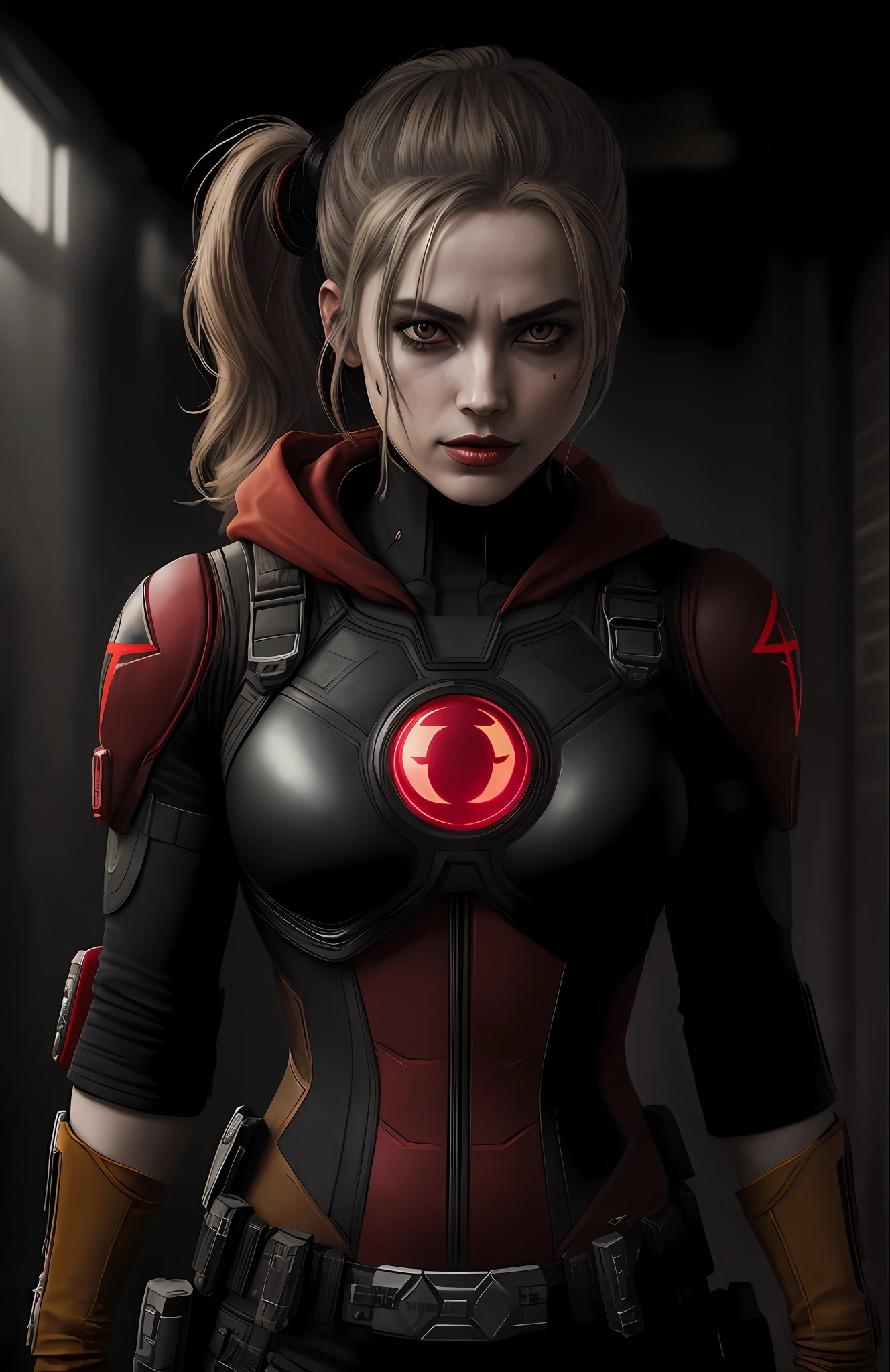 (dark shot: 1.1), epic realistic, Harley Quinn Red Lantern from DC, gradient yellow, black, brown and magenta color scheme, grunge aesthetic!!! graffiti tag wall background, art by Greg Rutkowski and artgerm, soft cinematic light, Adobe Lightroom, darkroom, HDR, intricate, highly detailed, (depth of field: 1.4), faded, (neutral colors: 1.2), (hdr: 1.4), (muted colors: 1.2), hyper-detail (artstation: 1.4), cinematic, warm light, dramatic light (complex details: 1.1)