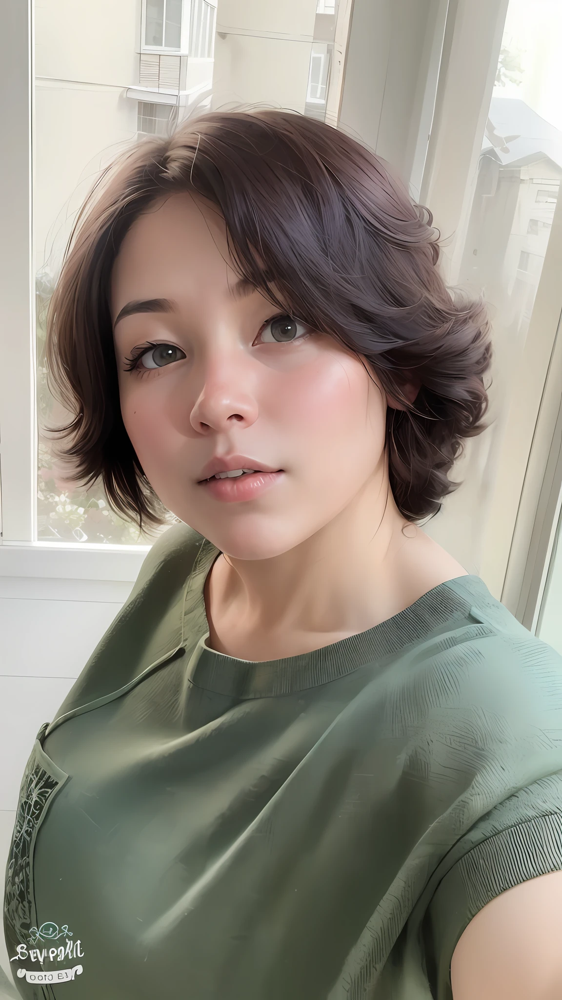 There is a woman taking a selfie in front of the window, high quality, high definition, 16k resolution, super fine, hair depiction, delicate facial portrayal, master work, masterpiece, perfect art