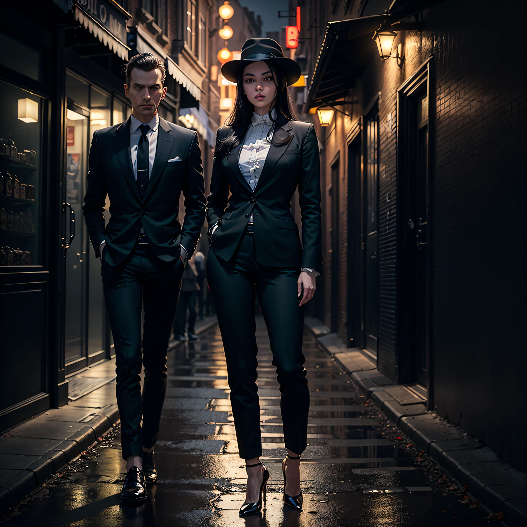 "Type of Image: Digital Illustration\n\nDescription: A beautiful brunette girl with a well-defined body, long black hair, wearing Italian mafia-style clothes with a feminine hat and suit, and needle high heels. She's in a sensual pose. The image should depict a dark, nocturnal environment, with buildings illuminated in the background.\n\nArt Styles: ????, Surrealism\n\nArt Inspirations: René Magritte, Edward Hopper\n\nCamera: N/A\n\nShot: Close-up\n\nRender Related Information: Use vibrant colors to create a contrast between the subject's appearance and the dark surroundings. Pay attention to details like shadows and reflections to enhance the surreal atmosphere."