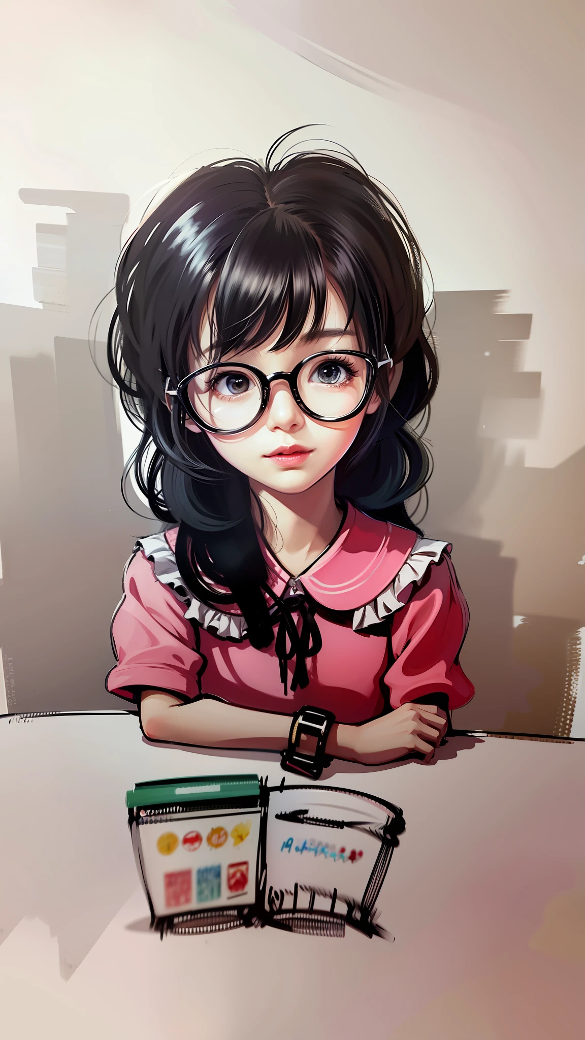 There is a drawing of a little girl with glasses sitting at a table, drawn in the studio of an anime artist, in an anime realistic style, with her hair tied up, cute girl, full of brushstrokes --auto