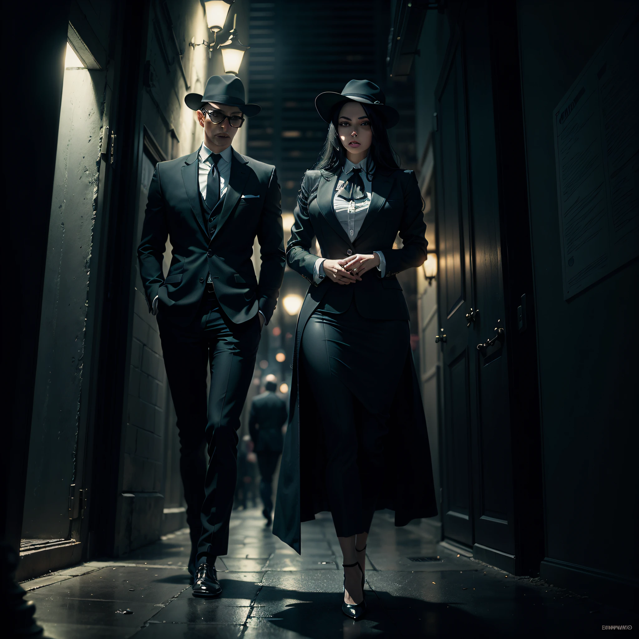 "Type of Image: Digital Illustration\n\nDescription: A beautiful brunette girl with a well-defined body, long black hair, wearing Italian mafia-style clothes with a feminine hat and suit, and needle high heels. She's in a sensual pose. The image should depict a dark, nocturnal environment, with buildings illuminated in the background.\n\nArt Styles: Noir, Surrealism\n\nArt Inspirations: René Magritte, Edward Hopper\n\nCamera: N/A\n\nShot: Close-up\n\nRender Related Information: Use vibrant colors to create a contrast between the subject's appearance and the dark surroundings. Pay attention to details like shadows and reflections to enhance the surreal atmosphere."