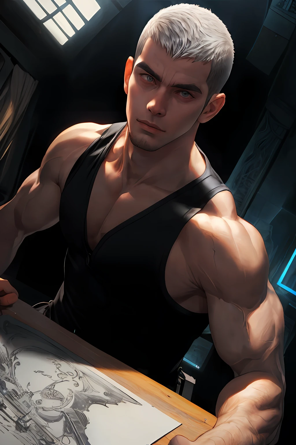 masterpiece, 1male, handsome, tall muscular face, ((POV)), adult, male, murderous, standing still, ((solo)), (forehead), (buzzcut + topcut), short bangs, hair between eyes, voluminous short hair, silver hair, handsome, serious, silver eyes, ((sleeveless black blouse)), wide trapeze, bare shoulder, square chin, ((black cover with broxe)), (muscular), (muscular arm:1.3), dark fantasy, syberpunk, sci-fi ((ultra detailed face, cinematic, ultra detailed, concept art, illustration 4d, 16k)), dynamic lighting, ultra quality, 4K, realistic models.