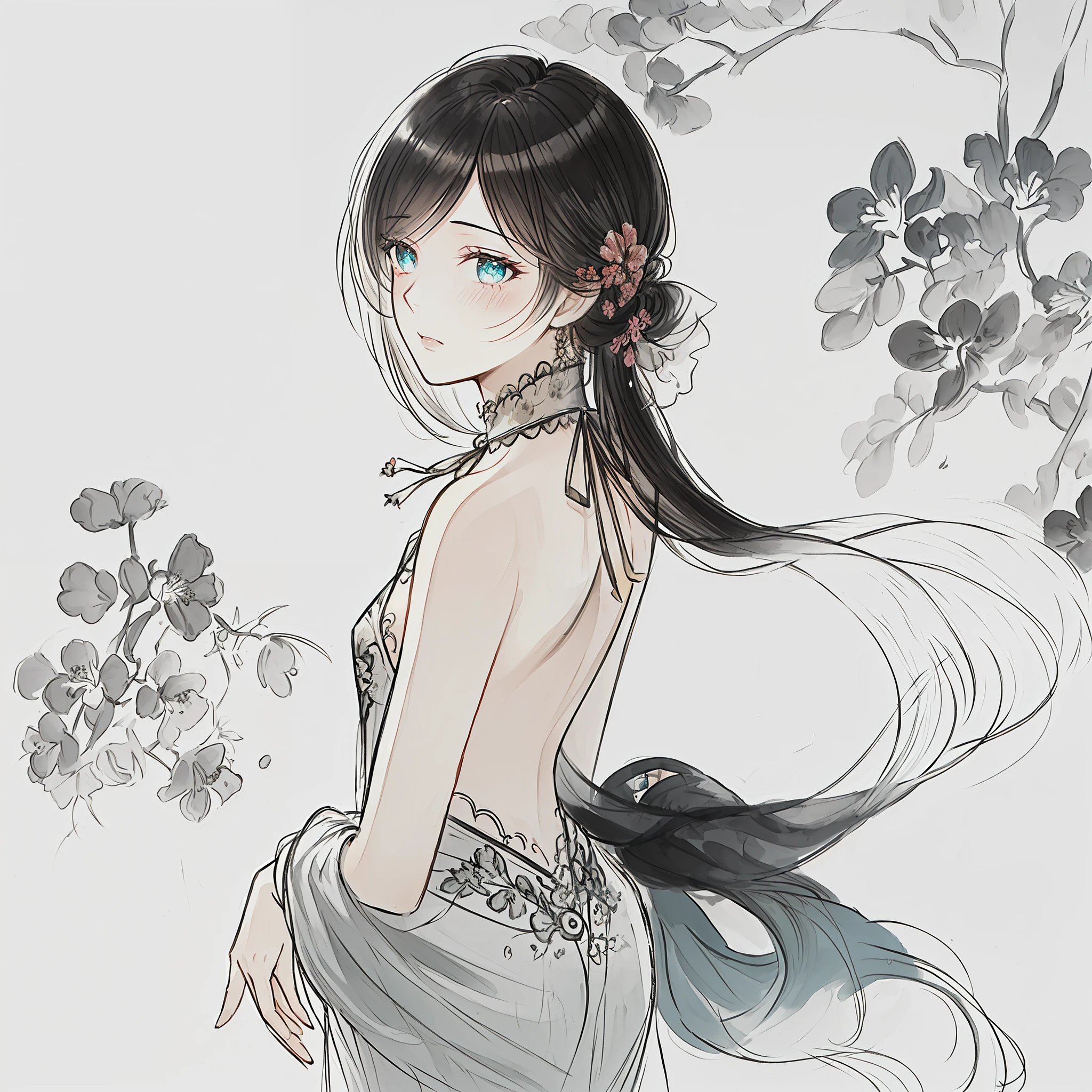 (((masterpiece))),(((best quality))),((ultra-detailed)), ((illustration)),floating, ((an extremely delicate and beautiful)),(beautiful detailed eyes),((disheveled hair)), (painting),(sketch), 1girl, small_breasts,((neck)),(((back))),(looking back), blush,dhalter dress, sliver hair,backless dress