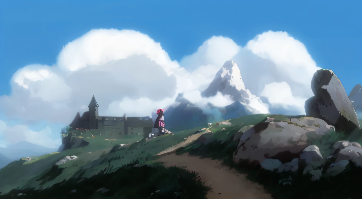 A Gothic maiden with a pink sword on her back walks on the path, with some mountains towering in the background, a gentle breeze blowing across the plain, a castle looming in the distance, and some stone monsters sitting quietly on the plain