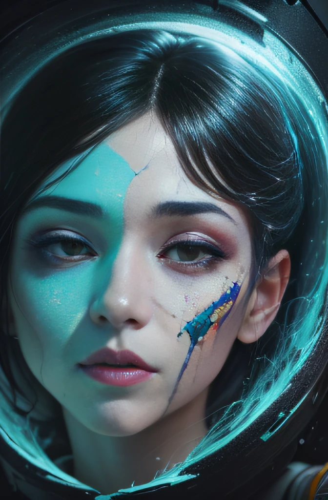 surreal art, Alberto Seveso's art, complex and intricate, of an astronaut lost remotely in space in a fragmented space, where he breaks into a rain of gullies, space-time reality effect style, glowing black coloring marking the depth and existing darkness , striking and deep colors to mark the rain of stars, deep lines, heavy strokes