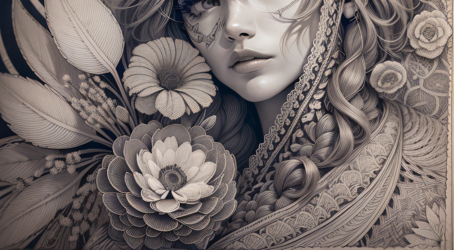 (ultra-detailed background, detailed background), absurdres, highres, ultra detailed, extremly detailed, 1girl, (bunch of flowers:1.3), (zentangle:1.2), (geometric:1.2),(colorful),