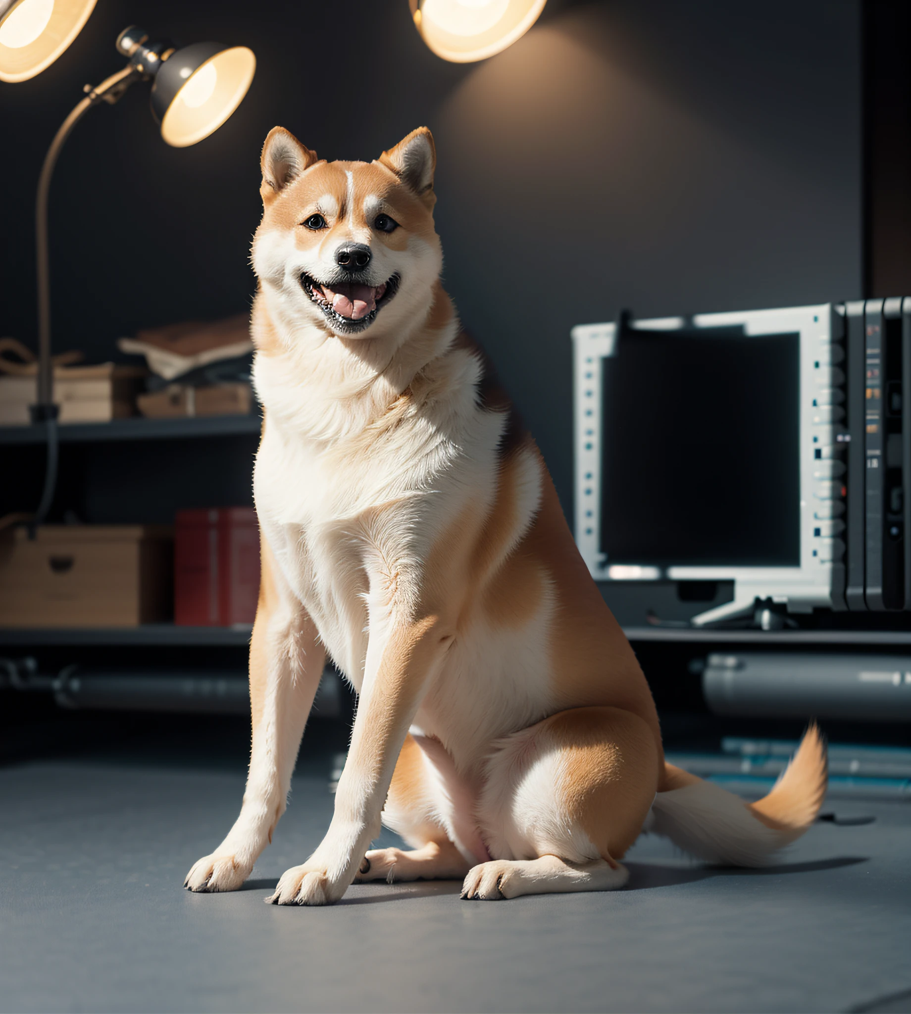 Masterpiece, best quality, a cute Shiba Inu, white studio background, studio lighting, headlights, clean background