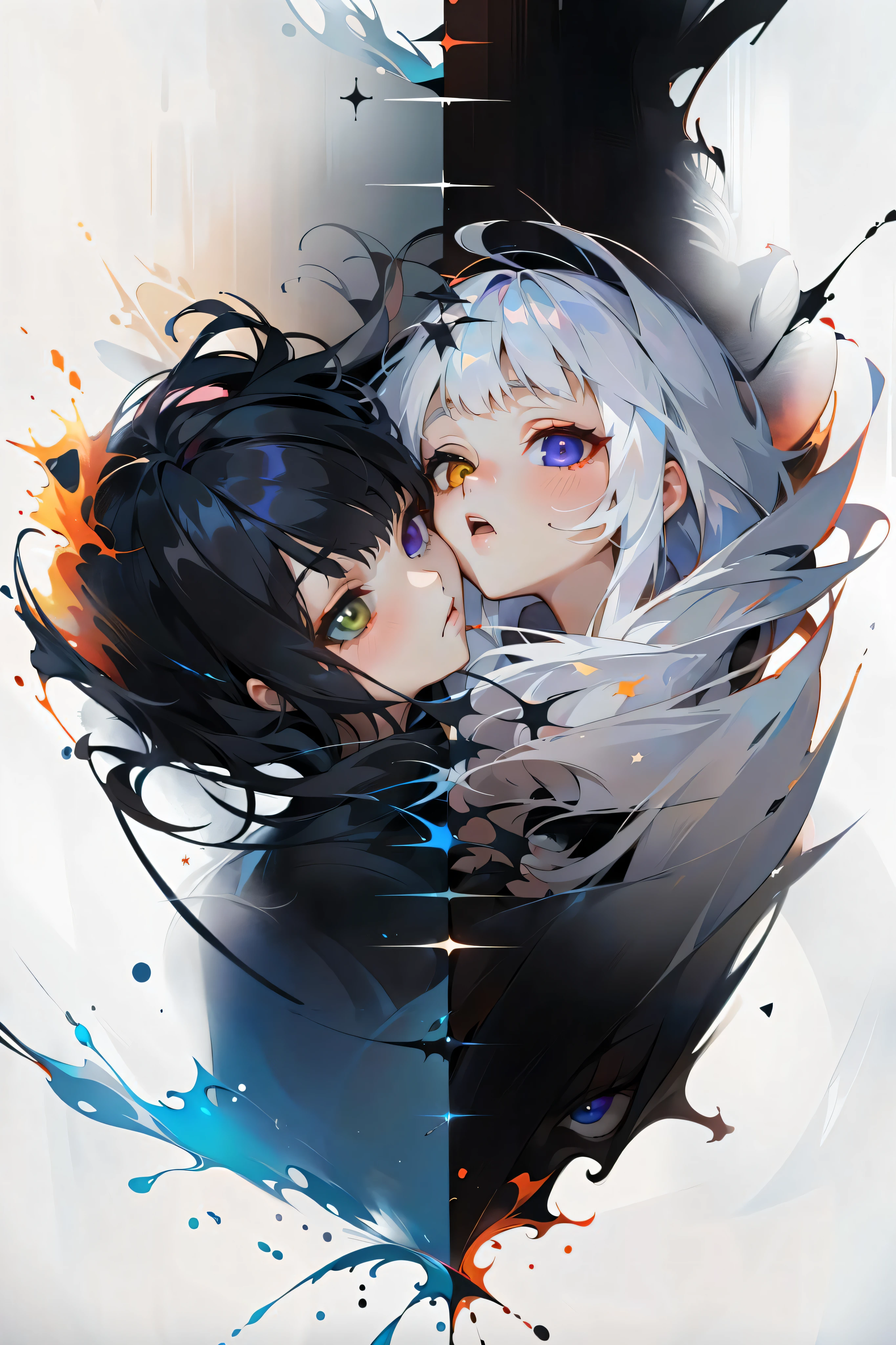 (masterpiece:1.3),(best quality:1.2),8k,absurdres,unity 8k wallpapper,(extremely detailed:1.3),highestres,
2girls, ,heterochromia, white hair, black hair, split theme,