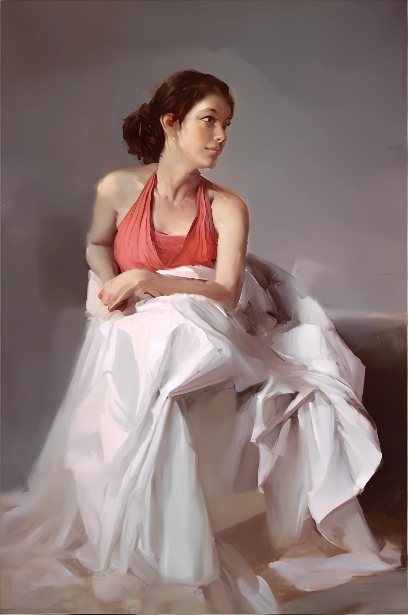 The light is dim, the oil painting is light in color, realistic oil painting, the reflection is school, the pixels are low,