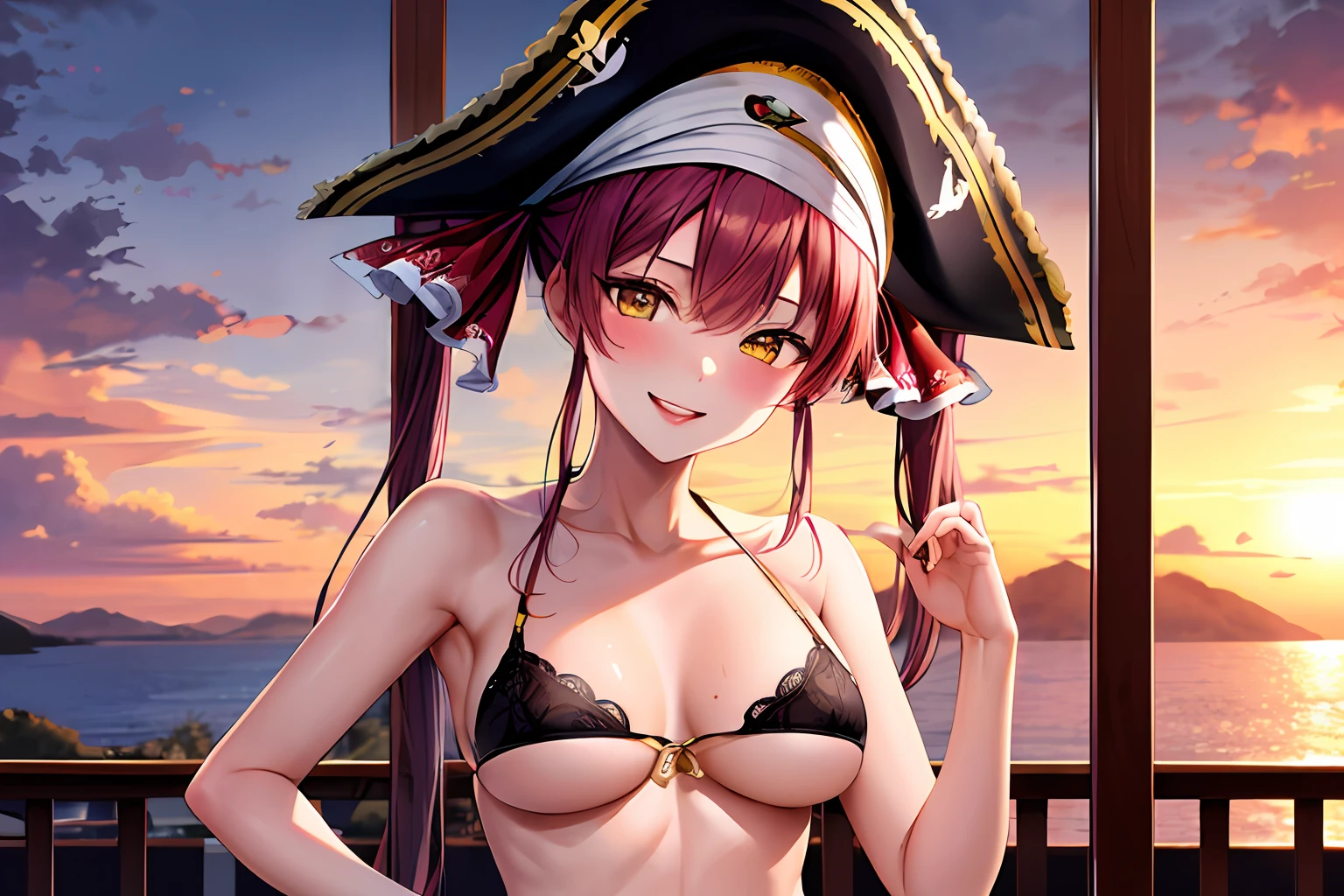 Houshou marine, wear a pirate hat, ((sexy)), joyful, mischievous, scenic background, ultra detailed, best quality, volumetric lighting, smiling eyes, on the top of a tower, nsfw, ((1girl)), (pony twin tail), (medium size chests), sunset