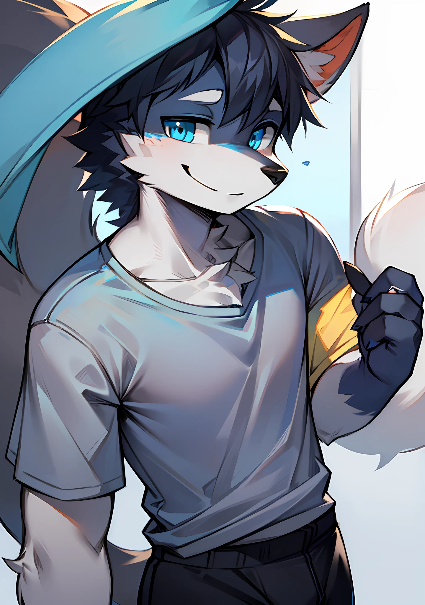 Character Focus Solo, bright eyes, big tail, male gray-white fur, fluffy, furry male dog, casual attire, sideways head, smiling, blue eyes, teenager, one meter seven, handsome, young style, wearing a blue and white T-shirt
