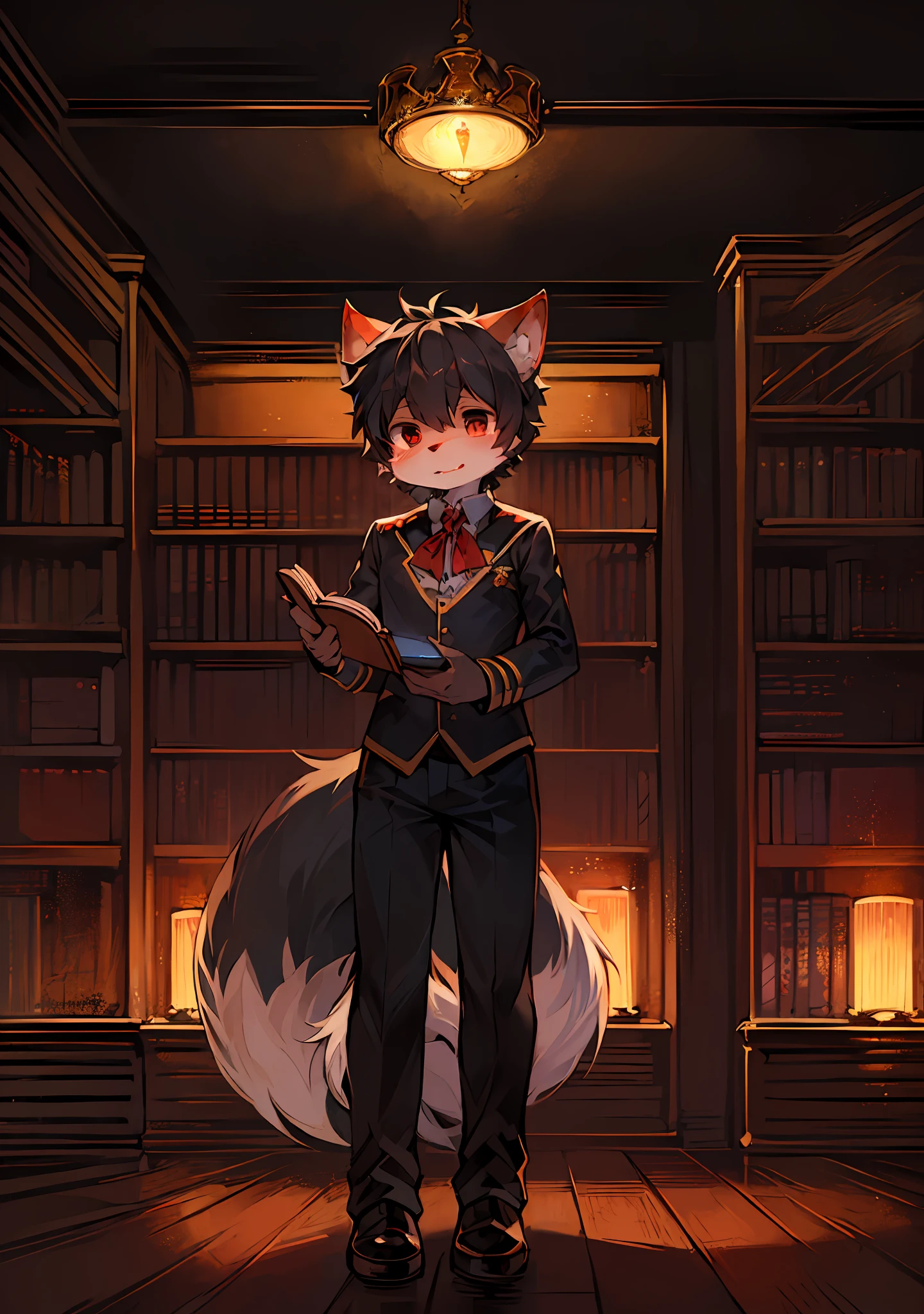 (Dark Environment: 0.8), Masterpiece, High Quality, Abstract Res, Digital Painting\(artwork\), by Dagasi, Yupa, Kiyosan, (Anthro, Fluffy Fur, Character Focus: 1.1), Anthro Male Wolf, Short Hair, portrait , bright eyes, panorama, character focus. (Detailed background: 0.7), Solo, Furry, Furry Male, Male Focus, Anthr, (Full Body Fur, Fluffy Tail, Red Fur, Black Eyes, Black Hair: 1.2), (Long Canids, Juniors, Magicians, Academy Uniforms, Magic Books: 1.2), (Interior, Night, Academy, Library: 1.1), Thinking Posture