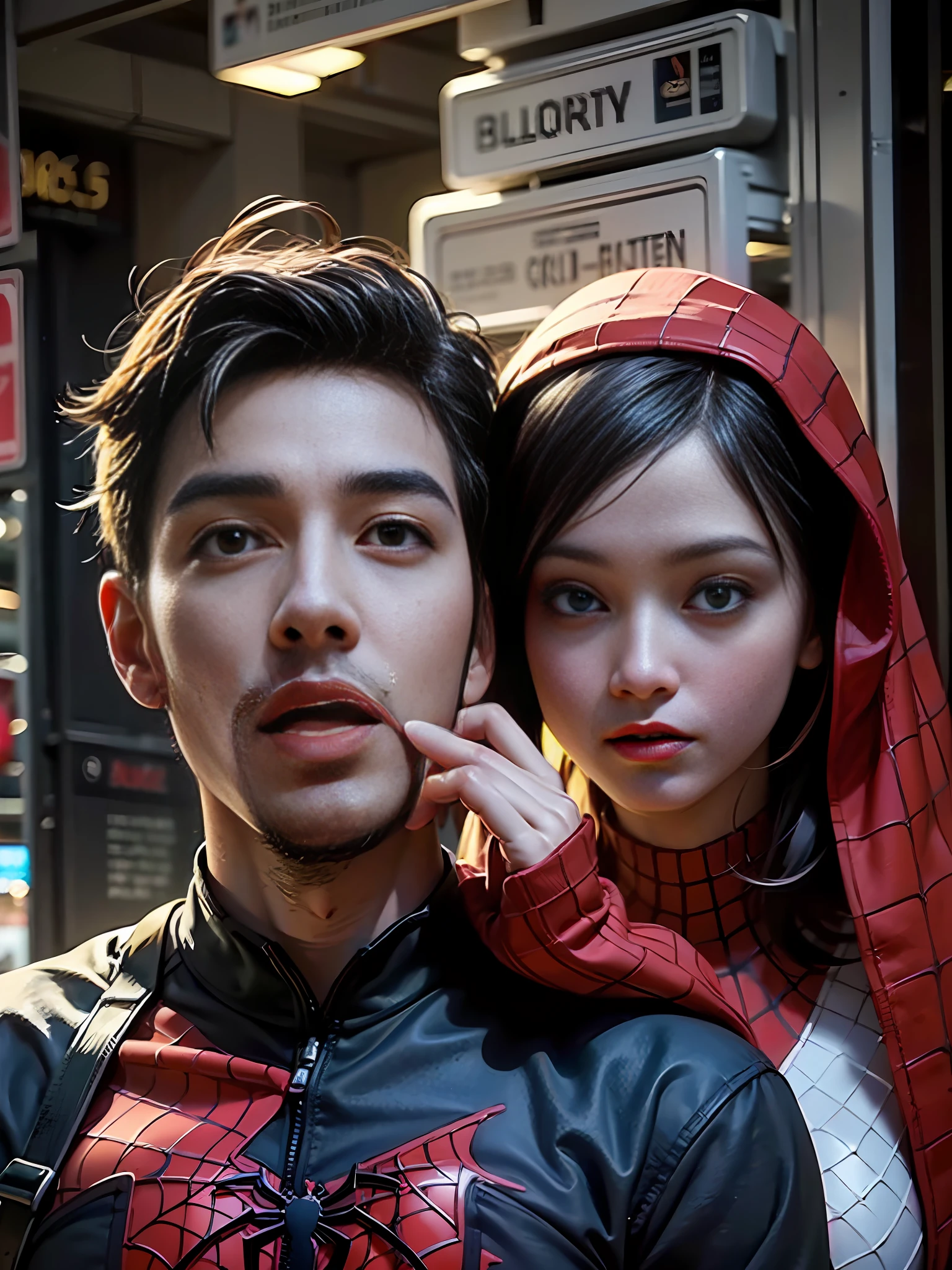 RAW，2people，1girl and 1boy， (A charming 18 year old Chinese girl and boy hugging together: 1.5), (with mask, Spider-Man mask: 2), handsome, Spider-Man classic pose, shooting spider silk, masterpiece, super fine photo, best quality, super high resolution, photorealistic feeling, sunny handsome, full body portrait, delicate face, vibrant eyes, (viewed from the side), she is wearing a futuristic Steel Woman Spider-Man costume, very detailed background, detailed face, detailed complex busy background, highly detailed skin, realistic skin details, visible pores, sharp focus, volumetric fog, 8k UHD, DSLR, high quality, film grain, photo realism, wheat skin,