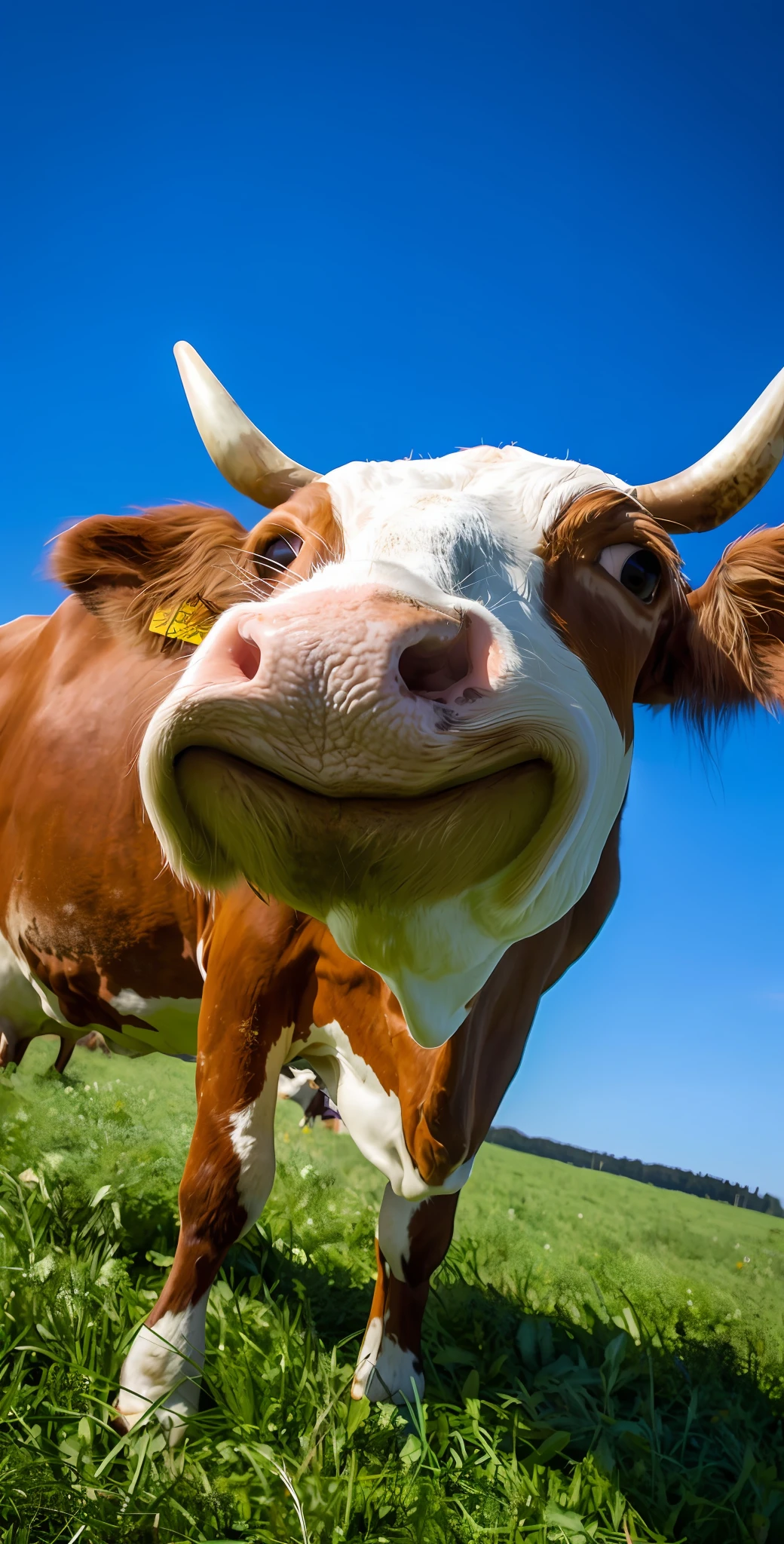 there is a cow that is standing in the grass with a big smile, cow, face of an ox, bovine, cows, flying cow, fantastic , mikecow, sneering at the camera, smiling into the camera, looking up at camera, random cows, looking up at the camera, cow horns, an ox, long snout, with a happy expression
