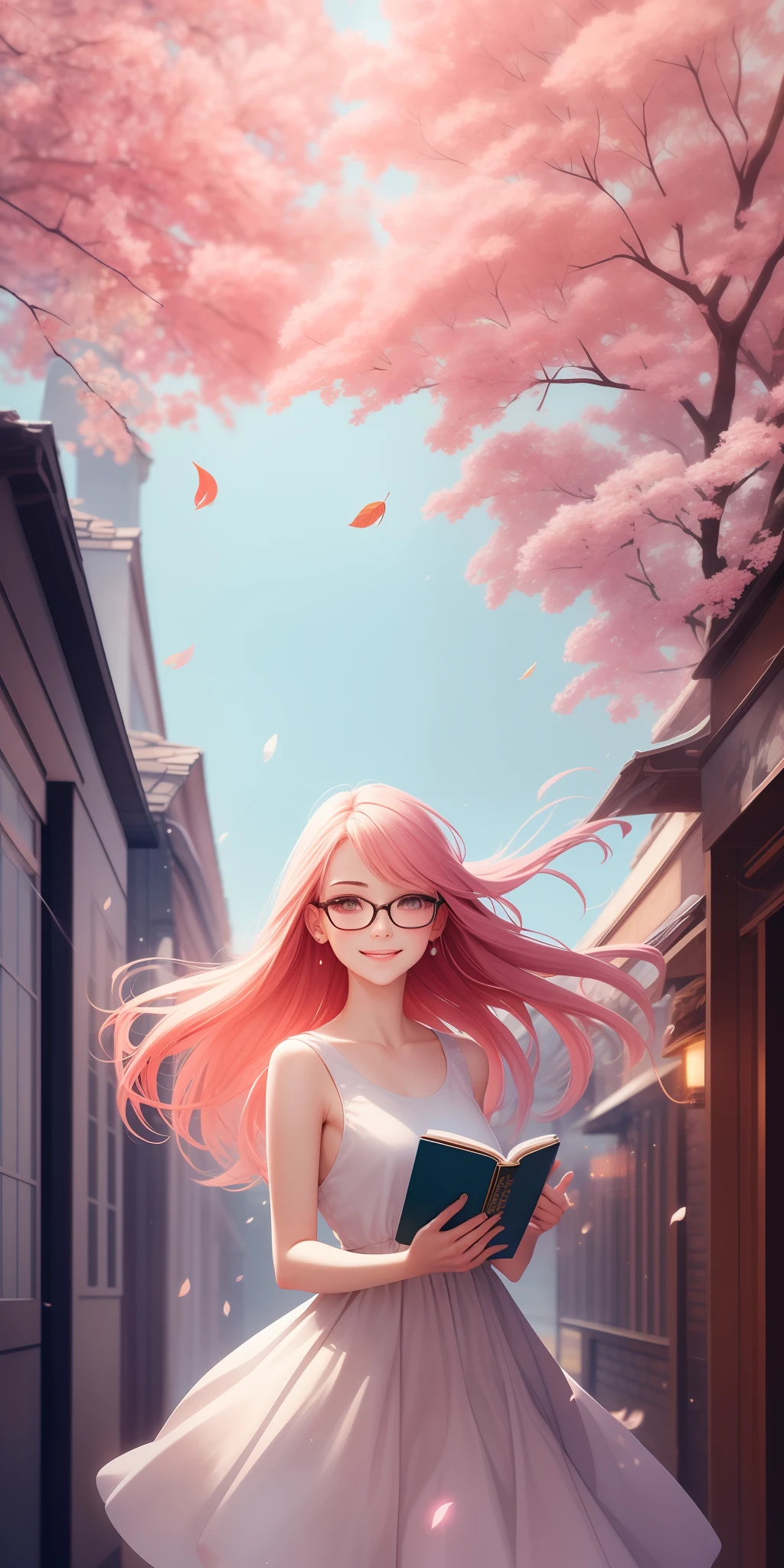 a picture of mse a beautiful woman,the most beautiful girl of agnes cecile, cheerful expression, beautiful pink hair moved by the wind, glasses, books in her hands,Sakura leaves in the air, dress moved by the wind,luminous design, pastel colors, ink drops, autumn lights,