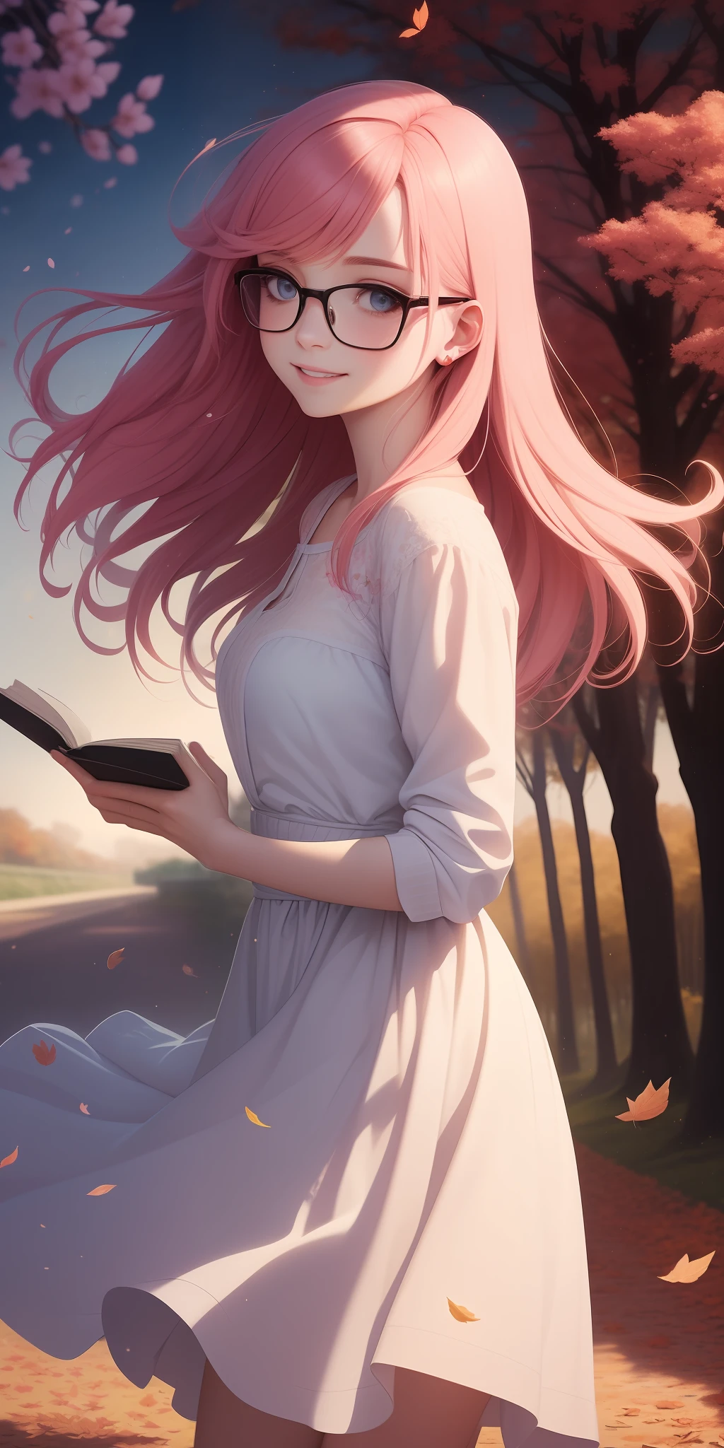 a picture of mse a beautiful woman,the most beautiful girl of agnes cecile, cheerful expression, beautiful pink hair moved by the wind, glasses, books in her hands,Sakura leaves in the air, dress moved by the wind,luminous design, pastel colors, ink drops, autumn lights,