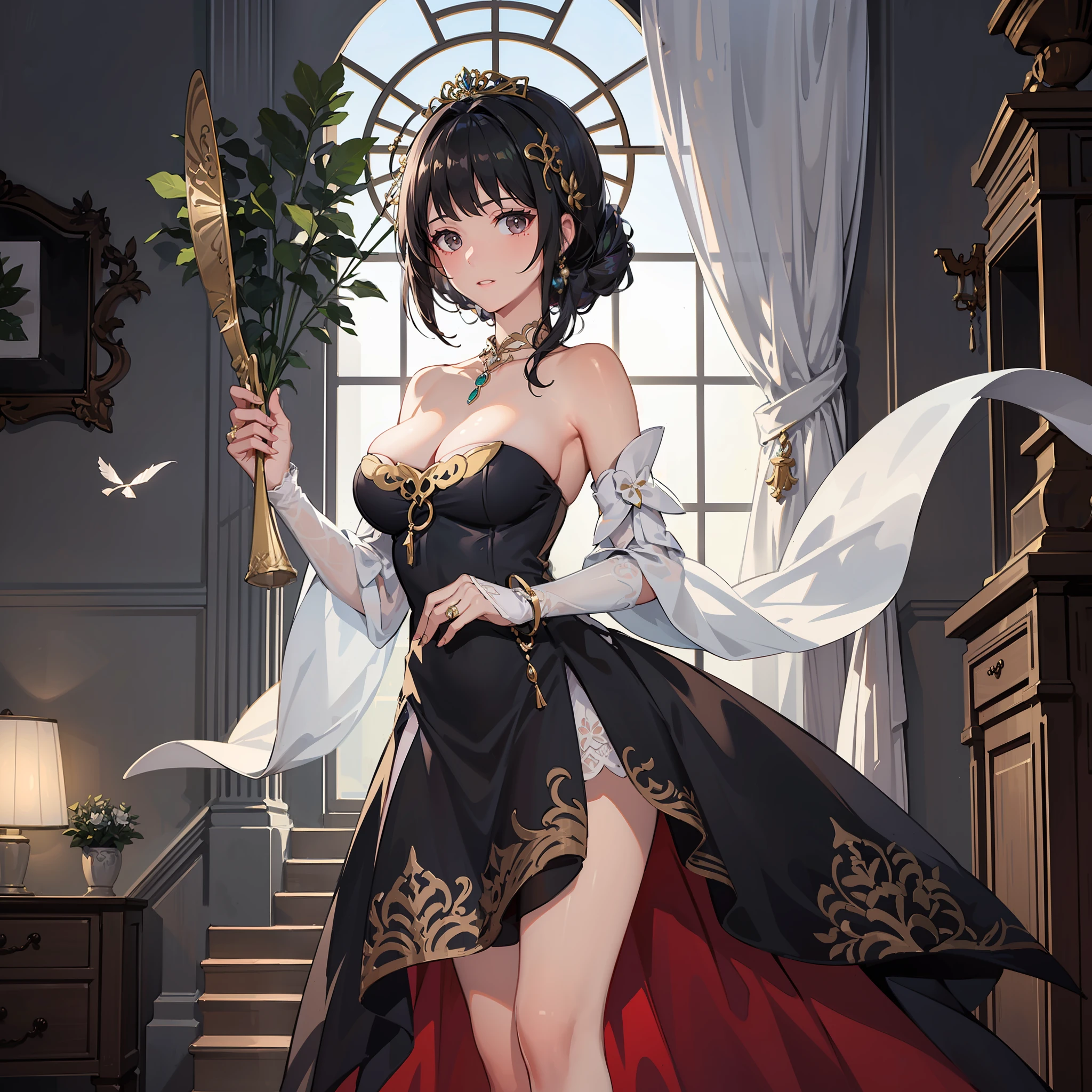 (masterpiece), (best quality), (ultra-detailed), ((illustration)), (an extremely delicate and beautiful)), (detailed light), (1girl:1.5), (solo:1.2), (prefect body), wedding dress style, tight top and bottom width, The low neckline was replaced by a dignified high neckline, mostly made of ornate brocade, and the neckline, cuffs and skirt were embellished with many floral ornaments. By the end of the 19th century, the texture of wedding dresses was softening, with crepe de chine and taffeta, wedding veil, embroidery, pearl crystal sequins, lace, ribbons, bows, folds, ruffles, three-dimensional flowers and feathers