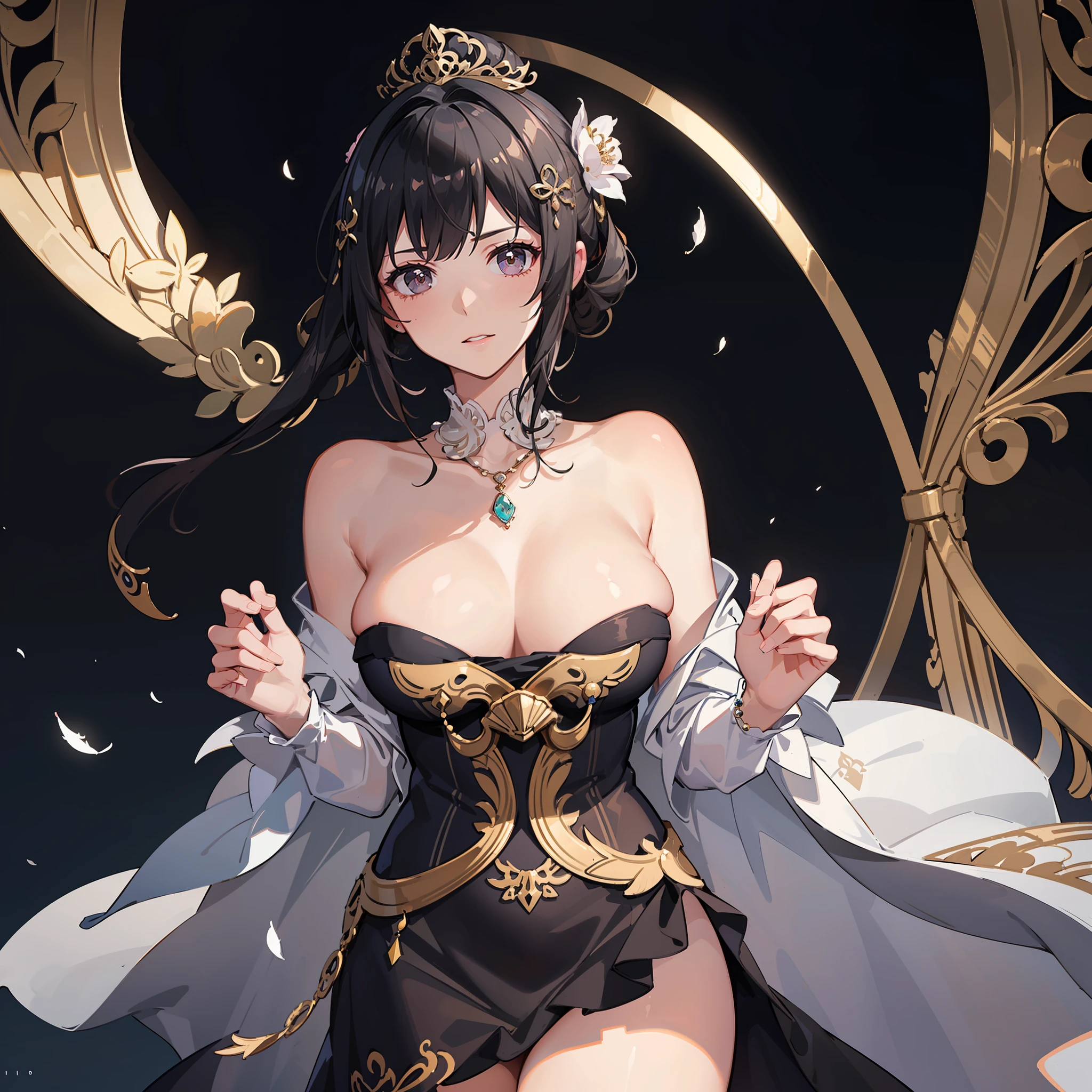 (masterpiece), (best quality), (ultra-detailed), ((illustration)), (an extremely delicate and beautiful)), (detailed light), (1girl:1.5), (solo:1.2), (prefect body), wedding dress style, tight top and bottom width, The low neckline was replaced by a dignified high neckline, mostly made of ornate brocade, and the neckline, cuffs and skirt were embellished with many floral ornaments. By the end of the 19th century, the texture of wedding dresses was softening, with crepe de chine and taffeta, wedding veil, embroidery, pearl crystal sequins, lace, ribbons, bows, folds, ruffles, three-dimensional flowers and feathers