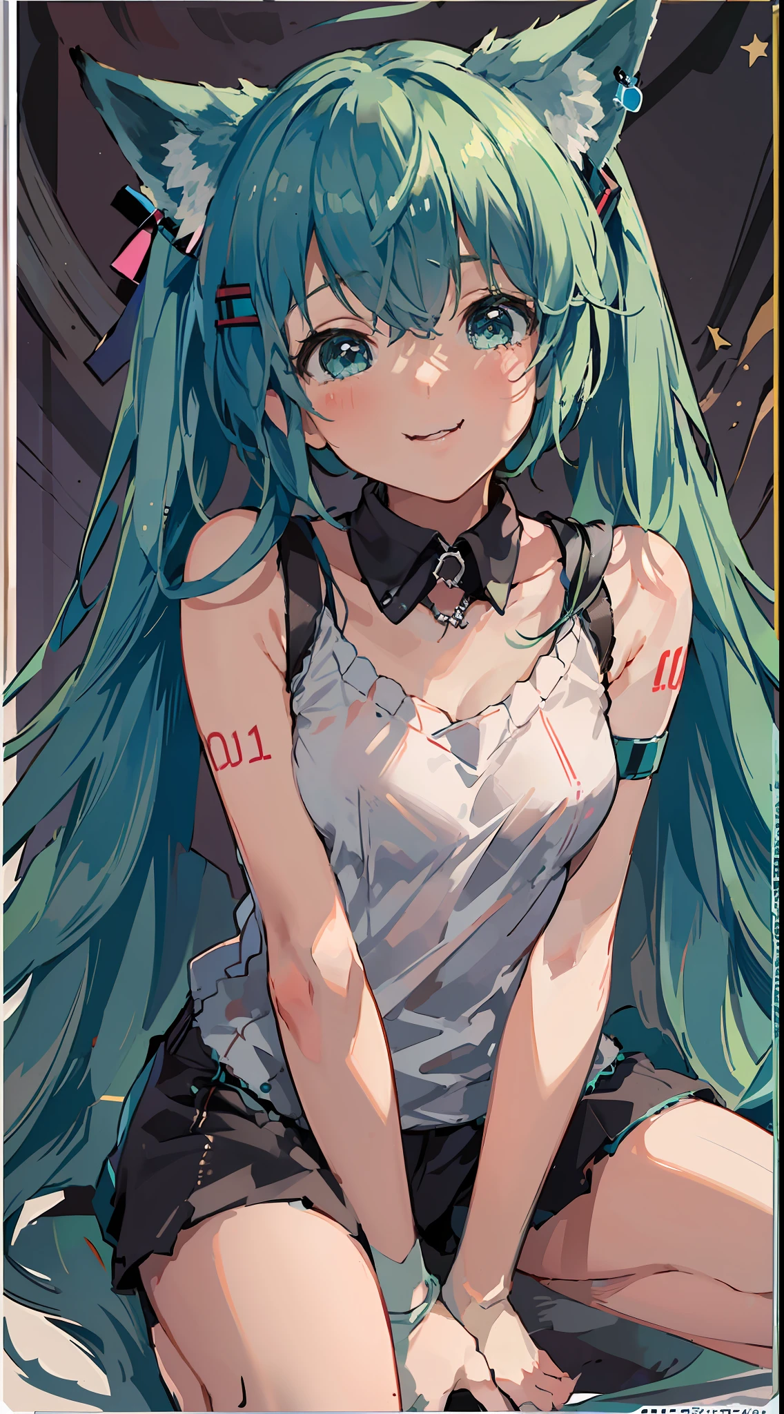 Hatsune Miku, fox ears, fox tail, forest, green hair, green eyes, vocaloid, girl in need, collar, white shirt, t-shirt, blue short, sleeveless, looking at viewer, sitting,(1 boy, pvc, disembodied hand, white sleeve),hands on someone else's cheek, puffy cheeks