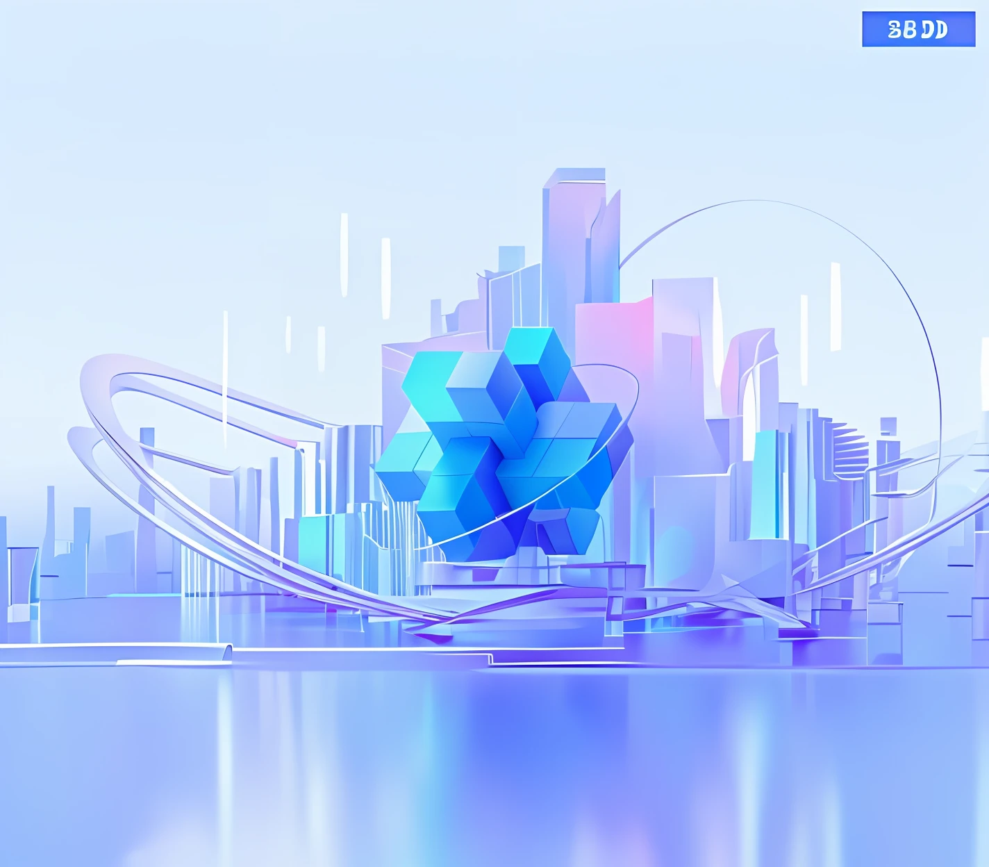 there is a picture of a futuristic city with a blue cube, geometric futuristic cityscape, geometric 3d render, geometric 3 d render, 3d abstract render overlayed, stylized 3 d graphics, cycles4d render, low polygons illustration, blue realistic 3 d render, smooth 3d illustration, smooth 3 d illustration, fractal buildings