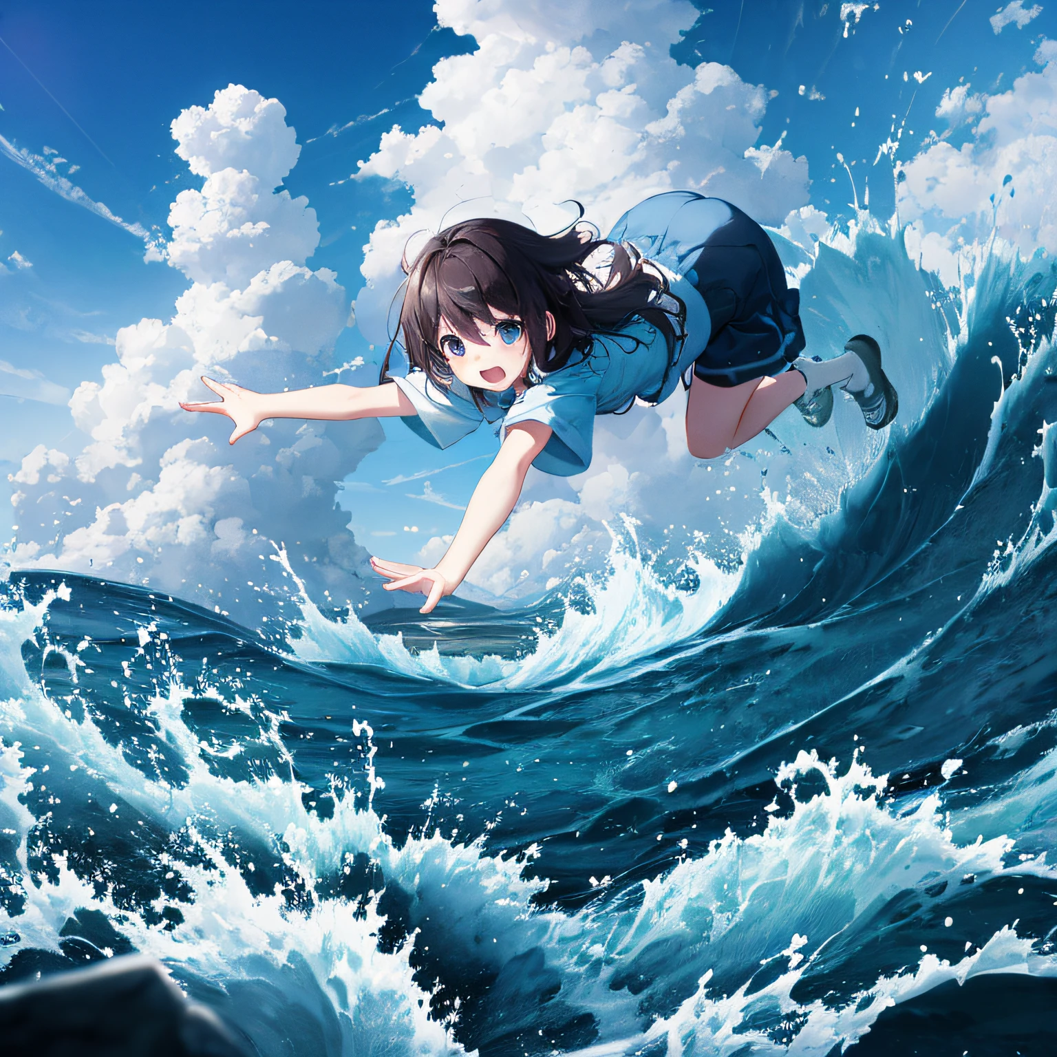 (Best quality), (Children falling into water), (Turbulent water), Fear, Nervousness, (Drowning), Blue skies and white clouds --auto