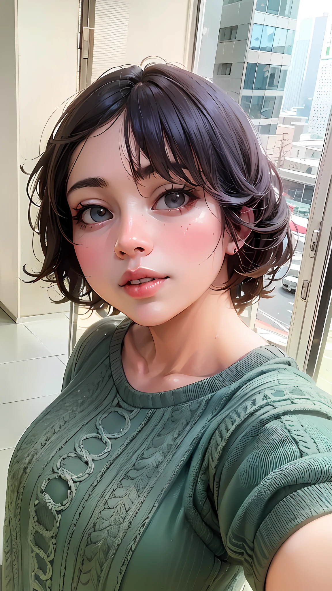 There is a woman taking a selfie in front of the window, high quality, high definition, 16k resolution, super fine, hair depiction, delicate facial portrayal, master work, masterpiece, perfect art