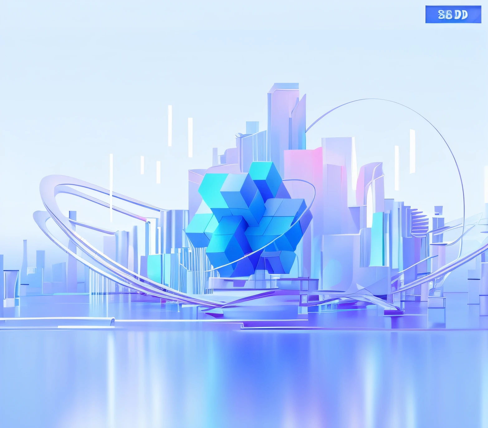 there is a picture of a futuristic city with a blue cube, geometric futuristic cityscape, geometric 3d render, geometric 3 d render, 3d abstract render overlayed, stylized 3 d graphics, cycles4d render, low polygons illustration, blue realistic 3 d render, smooth 3d illustration, smooth 3 d illustration, fractal buildings