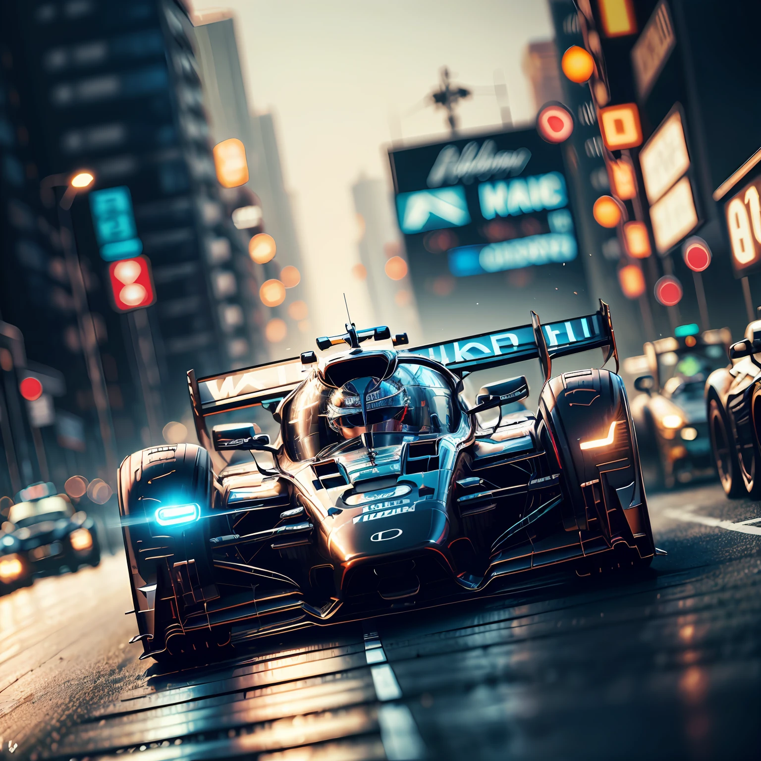 Arafed silver race car with red details, with Japanese letters, driving on a Tokyo city street at night, best in Adobe Stock, Formula One car, F1 cars blurred in the background, motorsport photography, promotional render, by Jakob Gauermann, vfx powers at night in the city, f 1, motorsport photography, 2 0 2 1 Audi Formula 1 car, by Thomas Häfner --auto