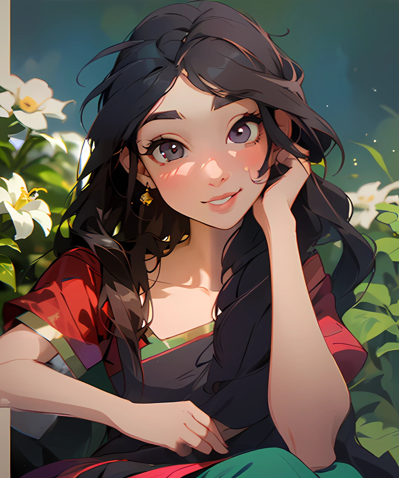 An Indian girl with a seductive expression in a sitting pose, wearing a traditional saree. Create a perfect drawing with ultra-realistic details, emphasizing the beauty of her dark eyes, long silk hair, gorgeous smiling face, garden background, flowers, intricate details, dimple cheeks, cute, good autonomy, focus on subject