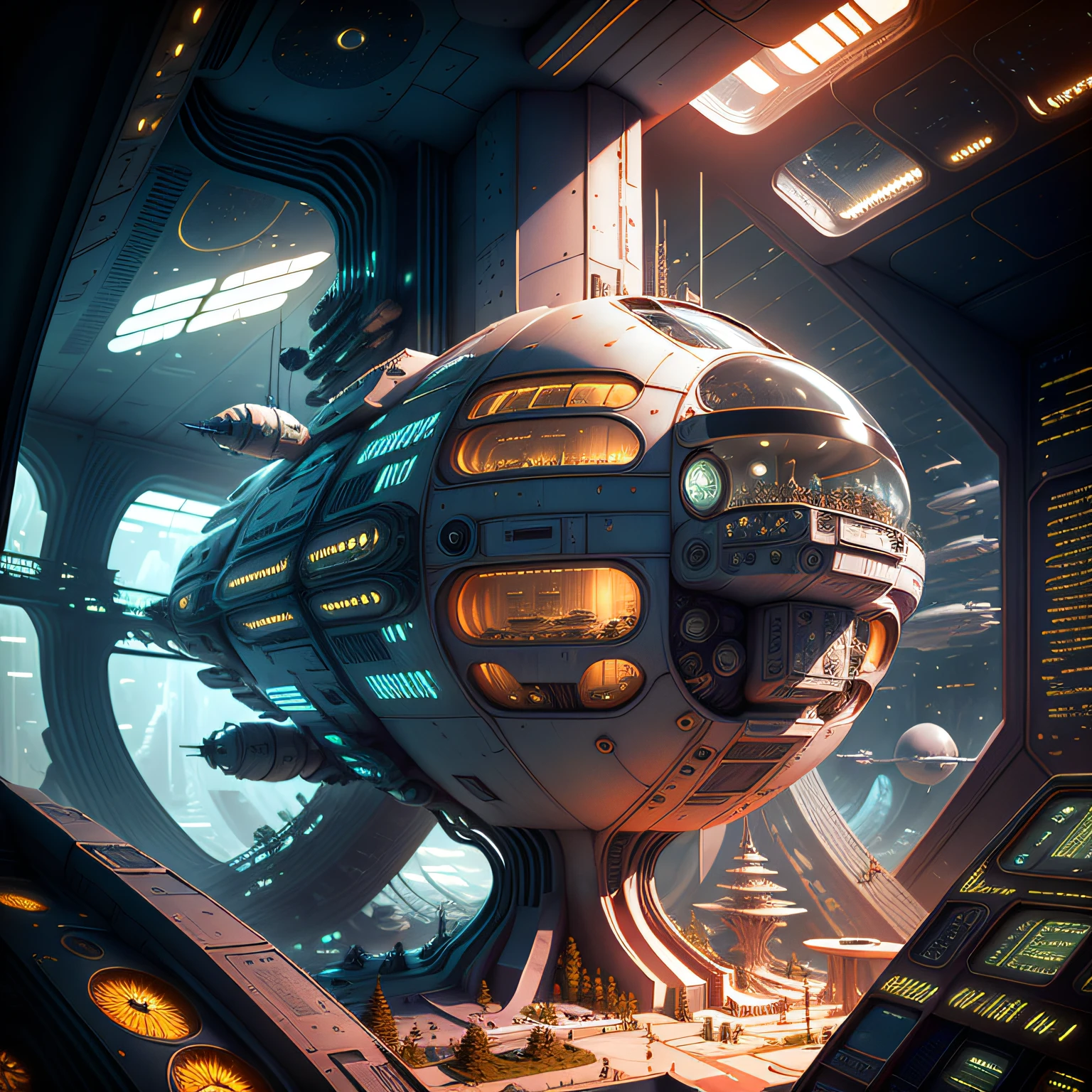 Close-up of the interior of the spaceship, depiction of science fiction details, high-tech elements, advanced electronics, cool lighting effects, cabin mechanical structure, metallic luster, future space technology, large space institutions, astronaut work areas, supercomputer displays, amazing scientific and technological details --auto