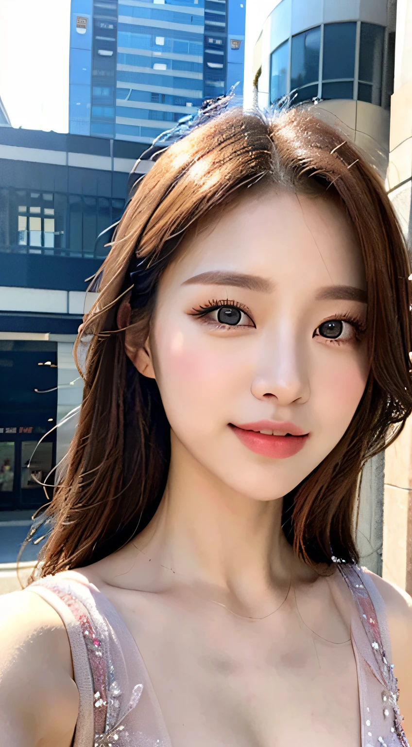 ((Best Quality, 8k, Masterpiece: 1.3)), 1 girl, smile, full body, slim face, pretty woman, (light hair), full length dress :1.1, super detailed face, detailed eyes, double eyelids, blurred background, slim face, city, outside, street,