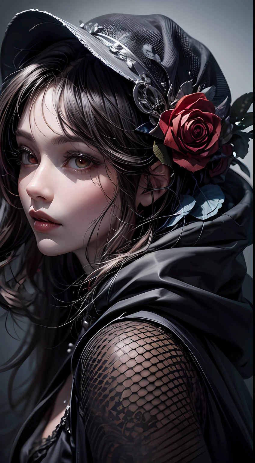 (Masterpiece, Best Quality, Realism: 1.37), (Complex and Delicate, Highly Detailed Skin and Face), Beautiful Vampire Queen Suite in Black Dress, Wrapped in Luxurious Dark Hooded Robe, Dark Rose and Skull Adorning Her Fabric, Gothic Style, Dark Wind, (Headdress, Rose, Skull Decoration, Red, Dark Color), Red Eyes, Cinematic Soft Lighting, 8k Wallpaper, Unity, ArtStation, High Resolution CG