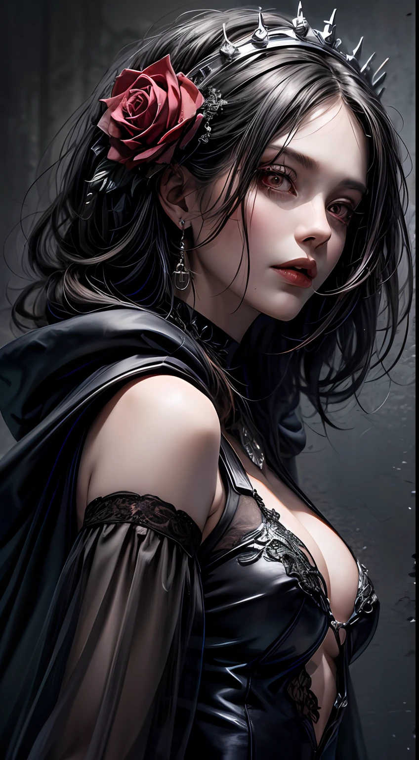(Masterpiece, Best Quality, Realism: 1.37), (Complex and Delicate, Highly Detailed Skin and Face), Beautiful Vampire Queen Suite in Black Dress, Wrapped in Luxurious Dark Hooded Robe, Dark Rose and Skull Adorning Her Fabric, Gothic Style, Dark Wind, (Headdress, Rose, Skull Decoration, Red, Dark Color), Red Eyes, Cinematic Soft Lighting, 8k Wallpaper, Unity, ArtStation, High Resolution CG