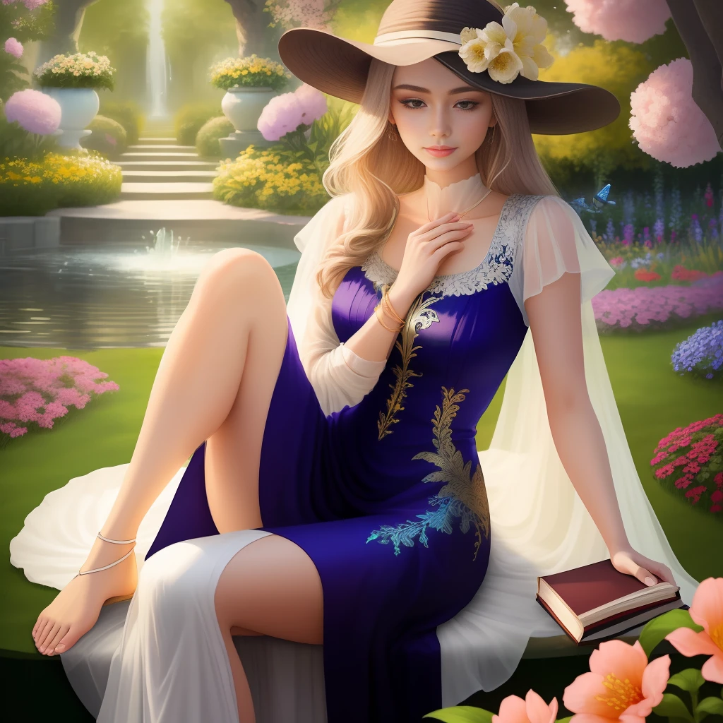 Create an image of a serene garden scene, featuring a stunning woman surrounded by an abundance of colorful flowers.
Description: Transport your viewers to a lush garden oasis, where a beautiful woman sits gracefully amidst a vibrant array of blooming flowers. The flowers should be diverse in color, texture, and species, creating a visually captivating and enchanting atmosphere. The woman should exude elegance and tranquility, dressed in a flowing summer dress or attire that complements the garden’s vibrant colors. Capture the essence of peace and serenity as she peacefully enjoys her surroundings, perhaps with a gentle smile or a book in her hands. Ensure that the image portrays a sense of harmony between the woman and nature, highlighting the beauty and intertwining of their elements.