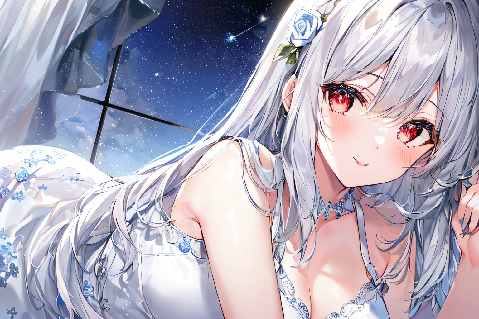1girl, full body, denim photo, (Rembrandt), illustration, (masterpiece), (best quality), (ultra_detailed), finely detail, (Depth of field), , glove, long hair, star\ (symbol\), looking at viewer, (silver hair:1.2), red eyes, upper body, hair ornament, :p, frills, pink shirt, smile, sleeveless, shirt, idol, symbol-shaped pupils, hands up, sleeveless, shirt, idol, symbol-shaped pupil, bangs, side up, star-shaped pupil, arms up, skirt pulling, roaring twenties, isometric, seen from above, sky, flowerscliff