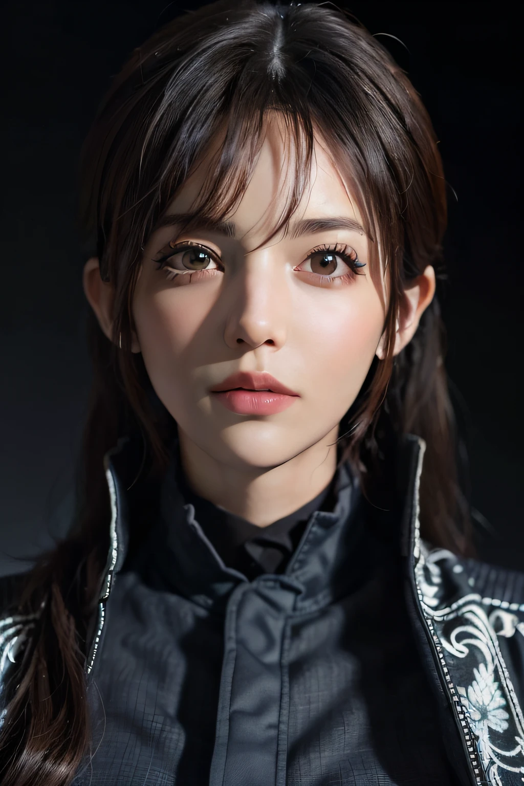 Hyperrealist portrait of female by david hockney and alphonse mucha,fantasy art, photo realistic, dynamic lighting, artstation, poster, volumetric lighting, very detailed faces, 4 k, award winning,, 1girl, in the dark, deep shadow, low key,cowboy shot,(official clothing:1.4) ,long hair,white hair,