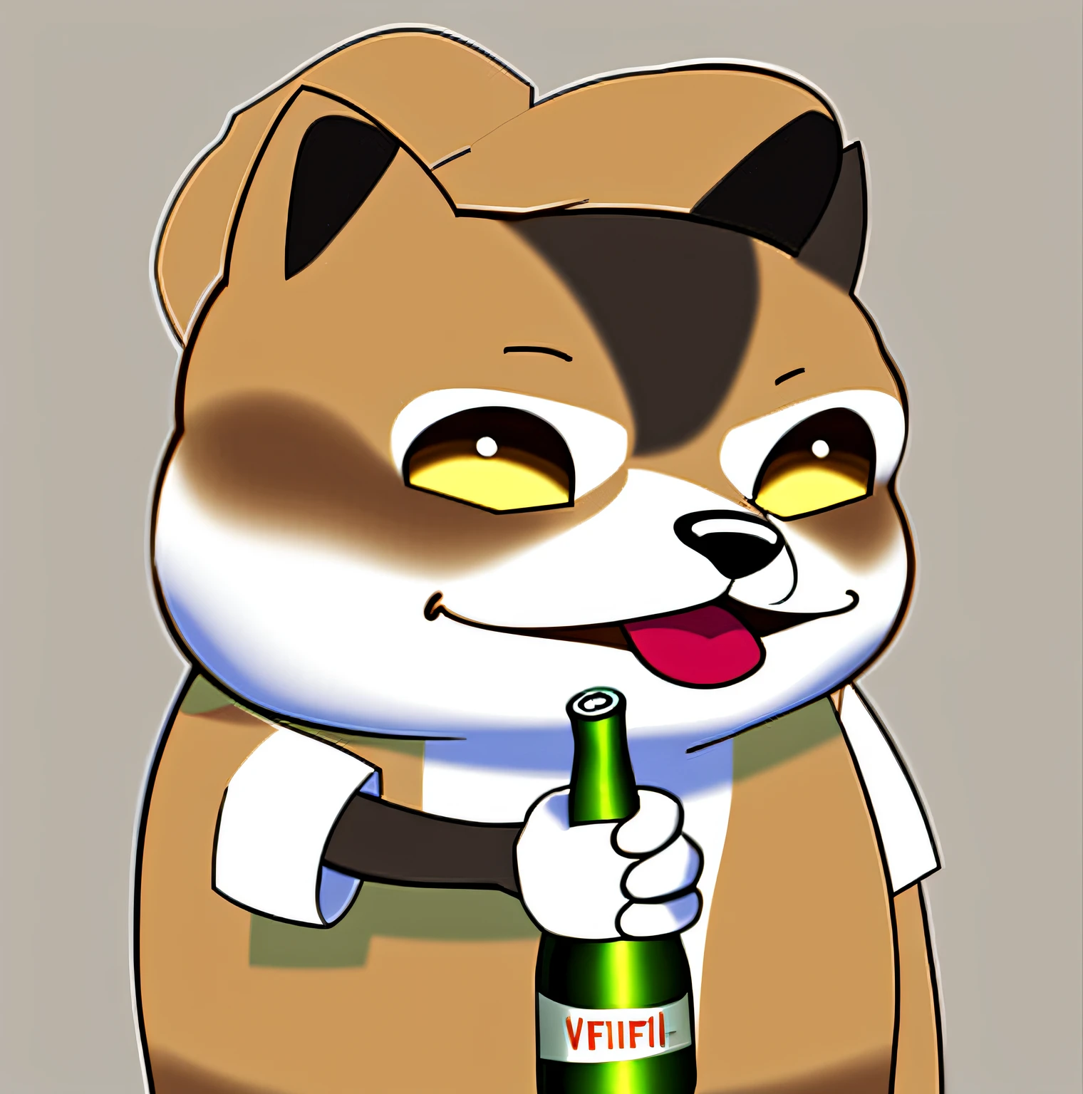 Cartoon drawing a cat with a bottle of beer in his hand, Vinny from vinegar sauce, anthropomorphic Shiba Inu, no underground story, Flafiniti Sona, Shiba Inu holding a baseball bat, color filling,