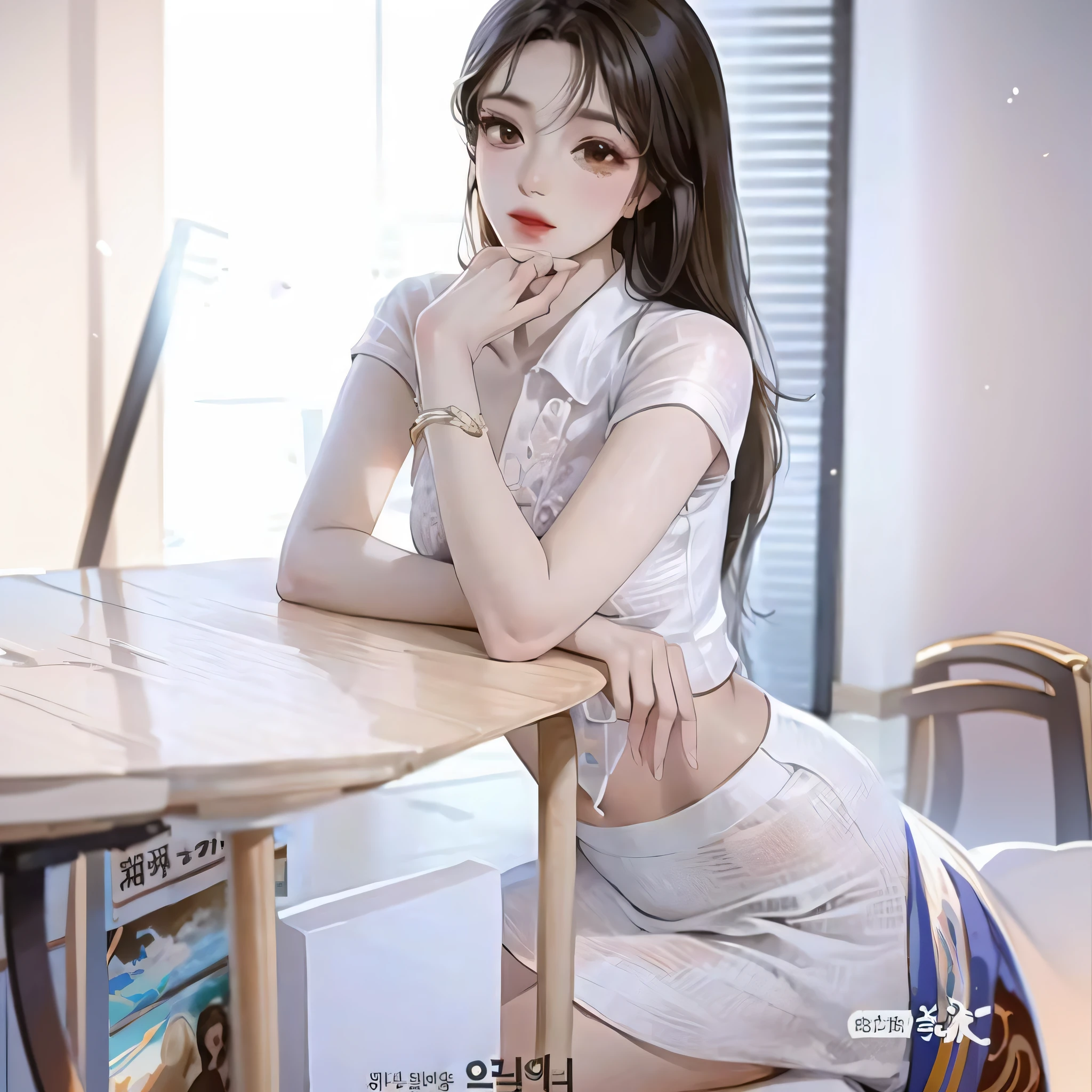 araffe asian woman sitting at a table with a magazine, trending on cgstation, trending at cgstation, a hyperrealistic schoolgirl, cute elegant pose, hyperrealistic schoolgirl, korean girl, seductive anime girl, realistic anime 3 d style, smooth white tight clothes suit, realistic. cheng yi, attractive anime girl, realistic schoolgirl, beautiful alluring anime woman