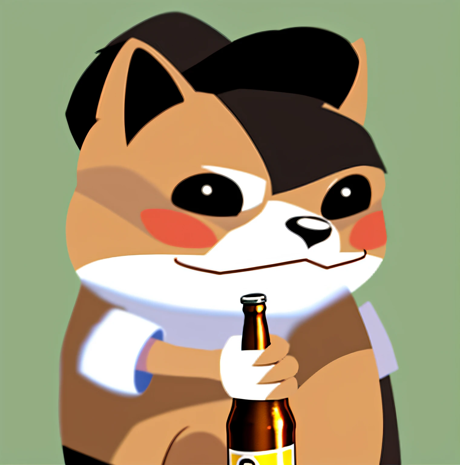 Cartoon drawing a cat with a bottle of beer in his hand, Vinny from vinegar sauce, anthropomorphic Shiba Inu, no underground story, Flafiniti Sona, Shiba Inu holding a baseball bat, color filling,
