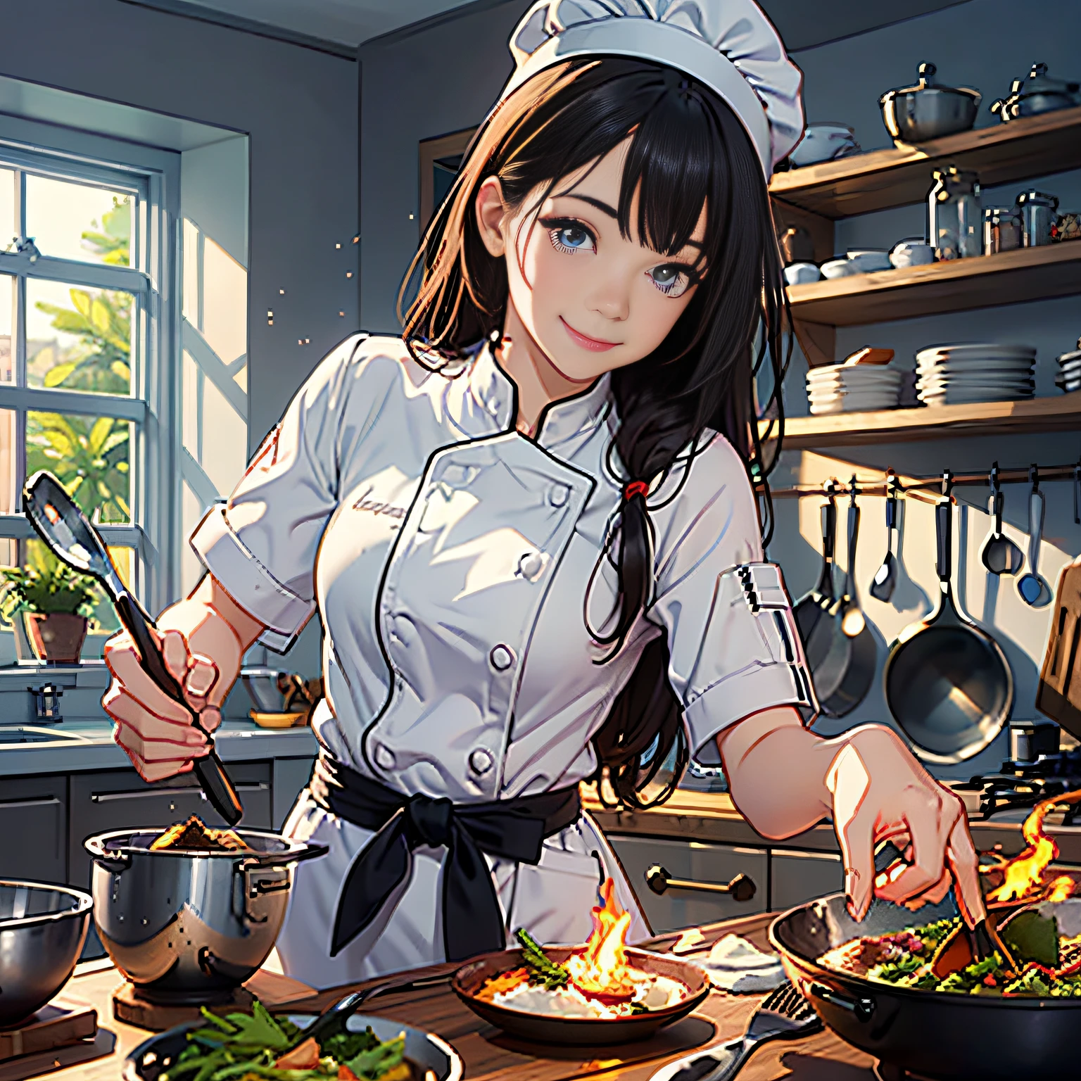 8k,high detail, glowing light, first-person view, UHD, masterpiece, high details, high quality, best quality,1Girl, delicate facial features, smile, holding a shovel in hand, kitchen, pot, ingredients, flame, delicious food, chef hat, white chef clothing