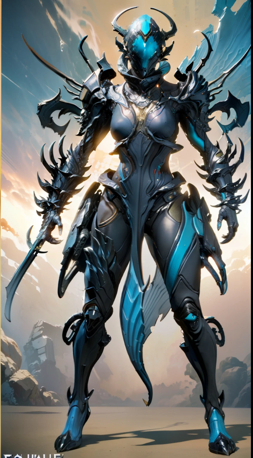 solo, super fine photo, full body picture Unreal Engine 5 8K UHD, female, navy blue color scheme armor, details, tattoo details, majestic luxurious fish-like helmet, claws, best quality, masterpiece, official art, unified 8k wallpaper, high detailed, sharp focus, dynamic pose, body parts, concept character art