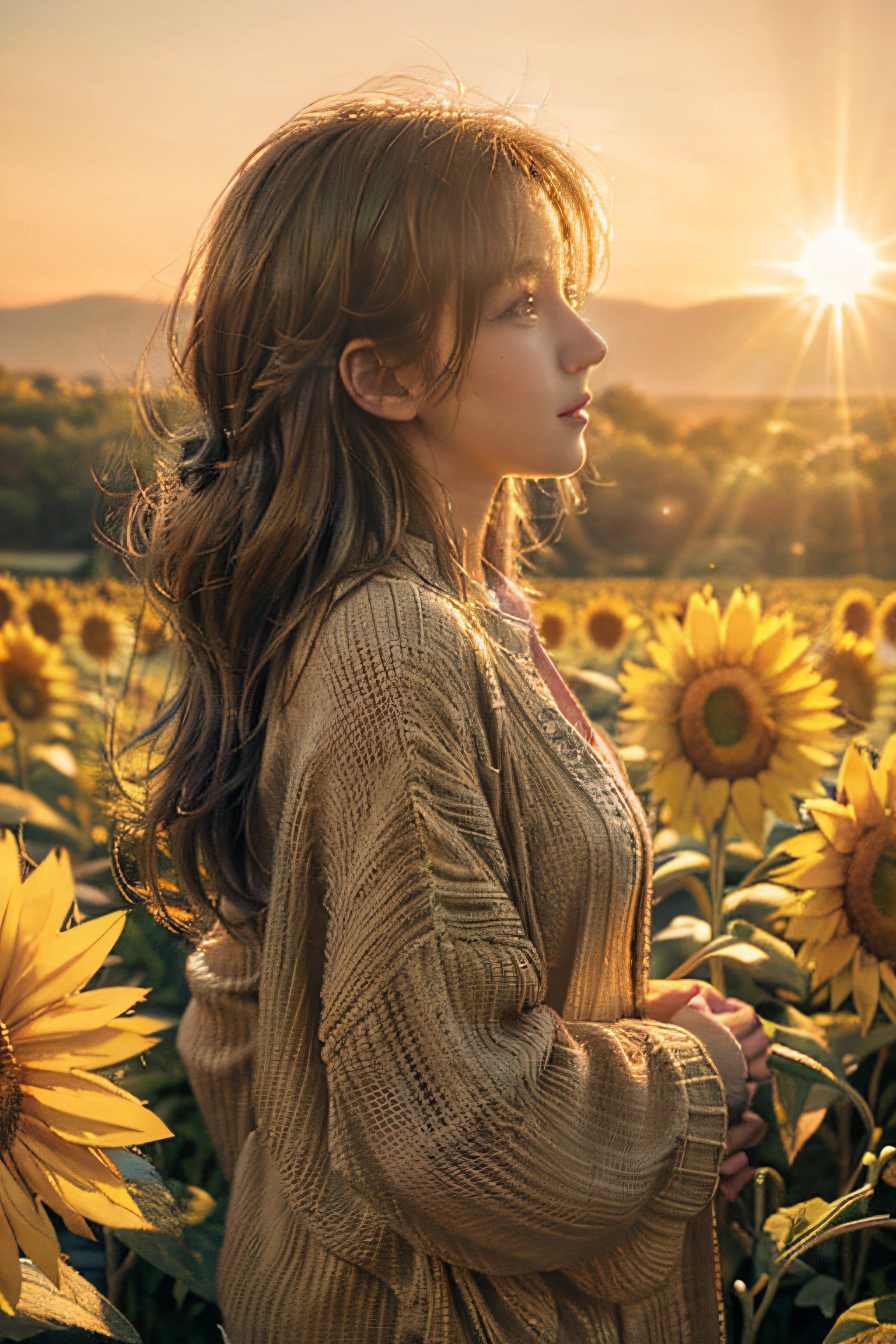 Side view, a girl in a vast sunflower plantation, wearing a green blous and a thin cardigan, looks cheerful and happy, at sunset, there is a golden sunlight penetrating from between her hair floating in the wind. (Masterpiece,realistic,best quality):1.4, delicate photo, intricate detailed, ray tracing, hi-res CG, ultra detailed, 8k wallpaper, unity, artstation, dslr, hi-res photography, best shadow, cinematic light