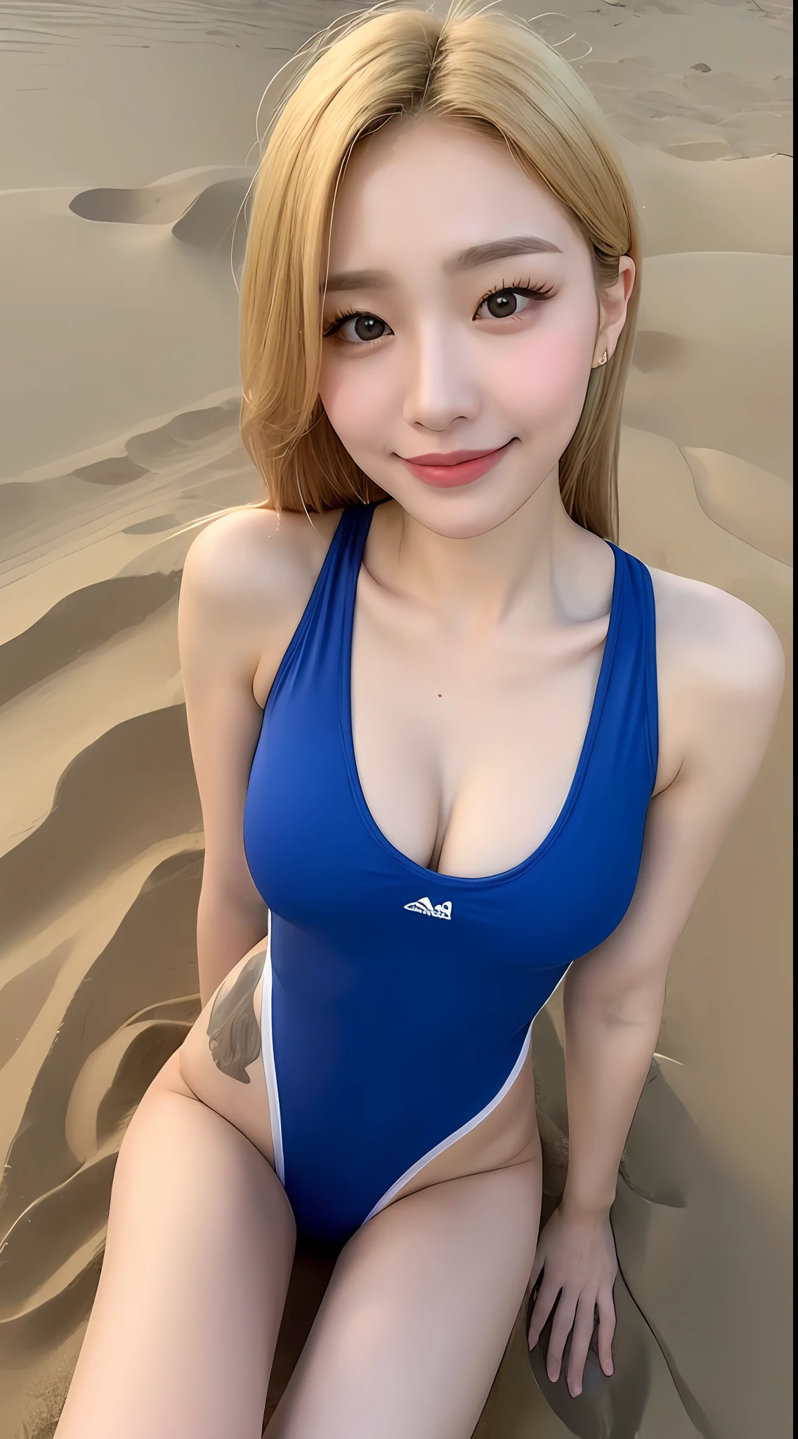 ((Top Quality, 8k, Masterpiece: 1.3)), Sharp Focus: 1.2, Perfect Figure, Pretty Woman: 1.4, Slender Abs: 1.2, (Blonde, Long Hair, Big: 1.8), (Cute Swimsuit: 2.0), (Playing Figure: 1.8), (Sand: 1.2), Highly Detailed Face and Skin Texture, Detailed Eyes, Double Eyelids, Smile