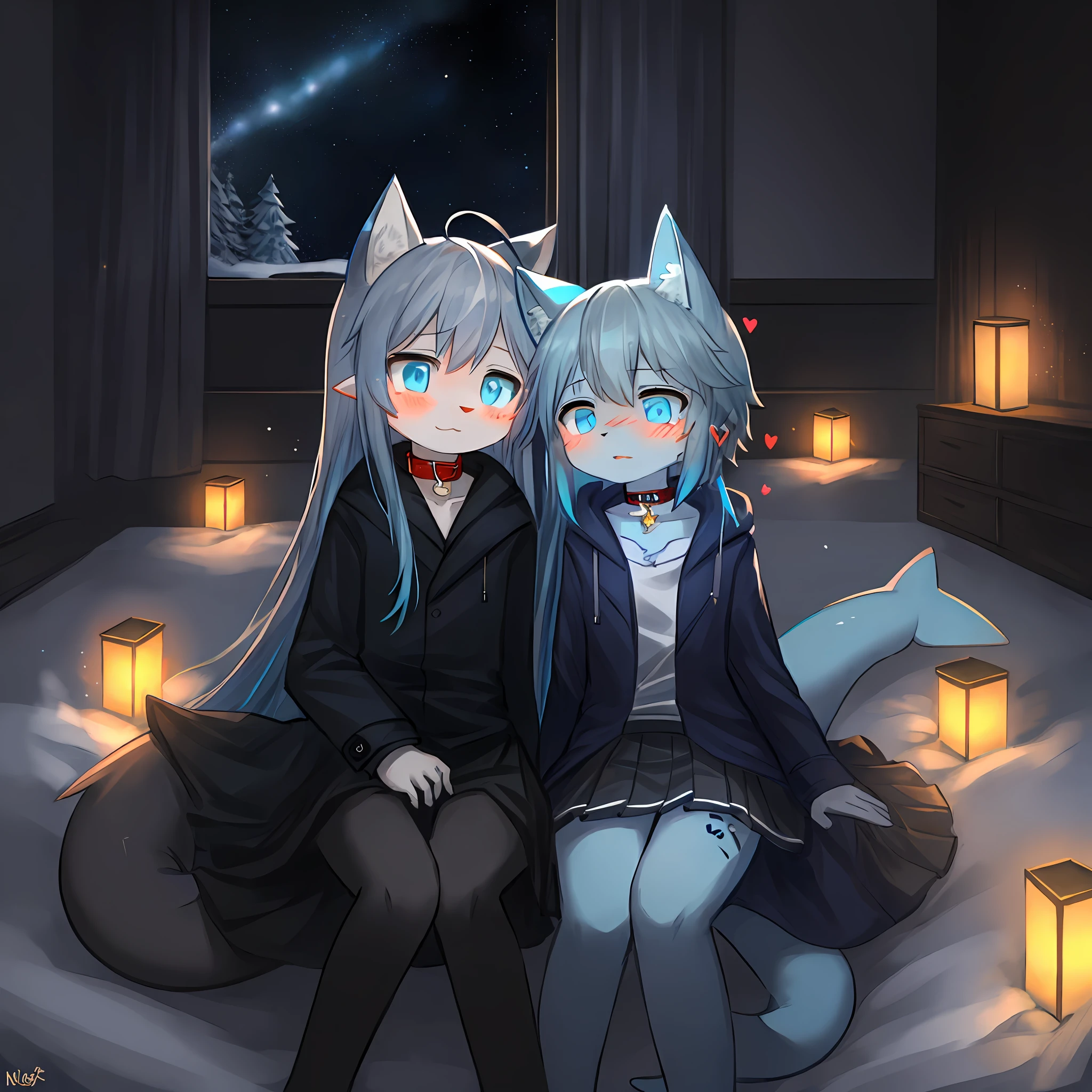 Very, very beautiful furry art, furry art! , POV furry art, shota, long hair, gray hair, blue eyes, glowing eyes, female boy, neon city, snowfall, midnight, indoors, cat ears, sky blue ears, shark tail, dark blue fox, dark blue trench coat, cute, collar, space katana, god, fur body, full body, lower body is long skirt, meow shark, character, masterpiece, smooth tail, current, shy, nfsw, highest quality, 8k, Full HD,meowshark, winter, own character, NSFW, Light blue hair, 10 years, super shy, demon tattoo, succubus tattoo, humanoid, blush, facial, on the body, extra, facial, children, heart eyes, war zombie