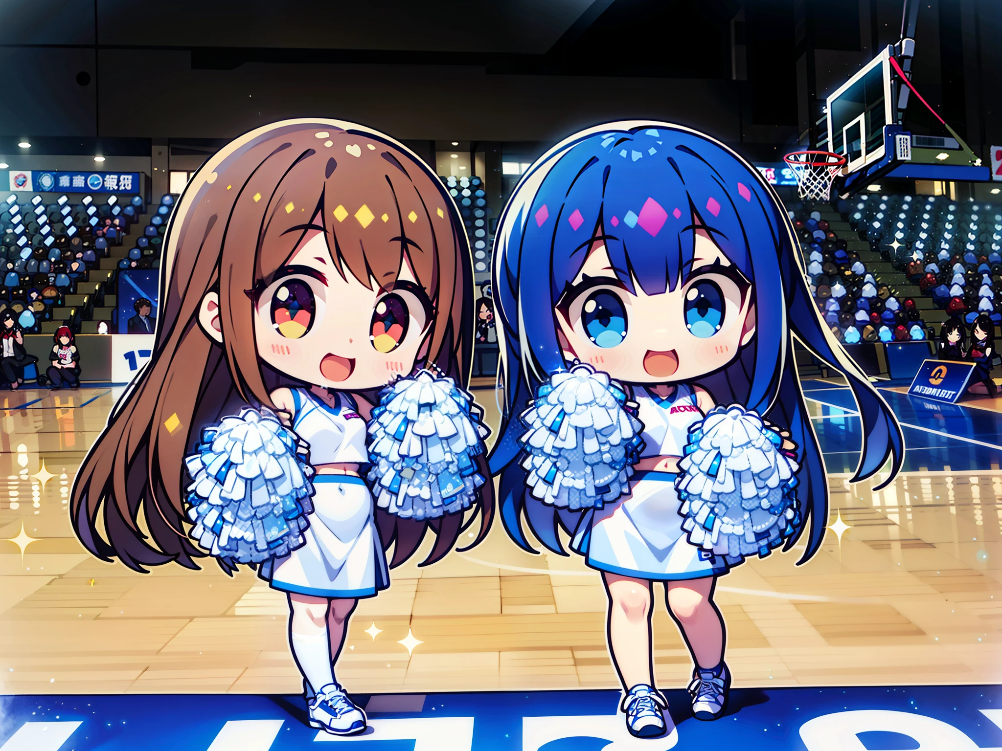 Two Asian women of cheergirl, wearing a cheergirl uniform, clothes are sleeveless clothes, Yui has beautiful brown hair and long hair., beautiful five-fingered hands, Aya has beautiful dark blue hair and long hair., eye color is the same as hair color, wearing the same clothes, good friends, both smiling, holding bonbons in both hands, costume is as shown in the photo, shiny silver, small, Shiny silver clothes, V-neck clothes, no logos and letters on clothes, clothes are glittery silver uniforms, clothes are non-see-through fabric 🚿🗝📝 🔞🤡 2263539546], 8 km race)), anim、、、、、、、、、、、e-style mascot type, background is solid blue., clothes have no ribbons, only blue lines, belly button style, white clothes, ❤🔥🍄🌪 Basketball gymnasium in the background, shiny floor