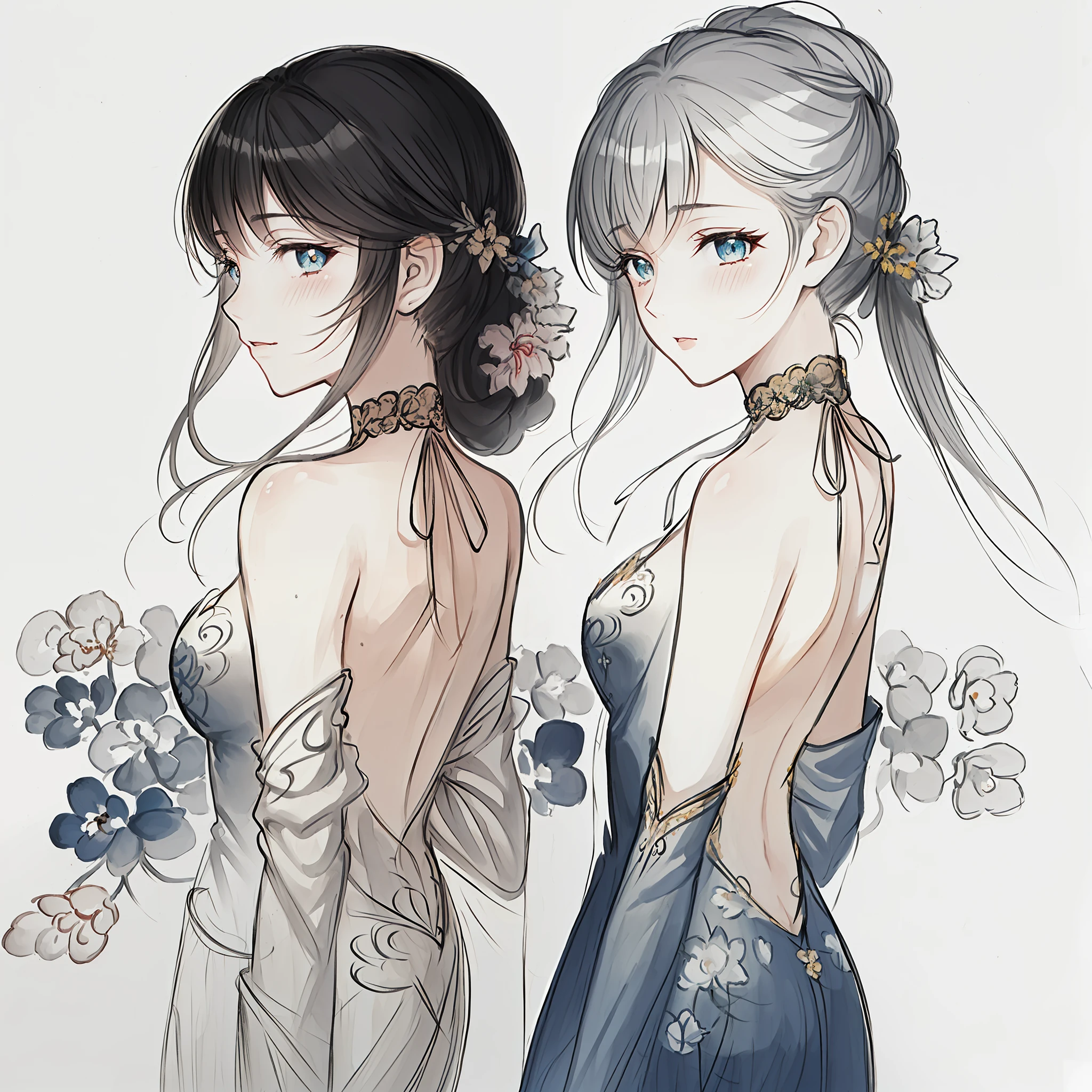 (((masterpiece))),(((best quality))),((ultra-detailed)), ((illustration)),floating, ((an extremely delicate and beautiful)),(beautiful detailed eyes),((disheveled hair)), (painting),(sketch), 1girl, small_breasts,((neck)),(((back))),(looking back), blush,dhalter dress, sliver hair,backless dress